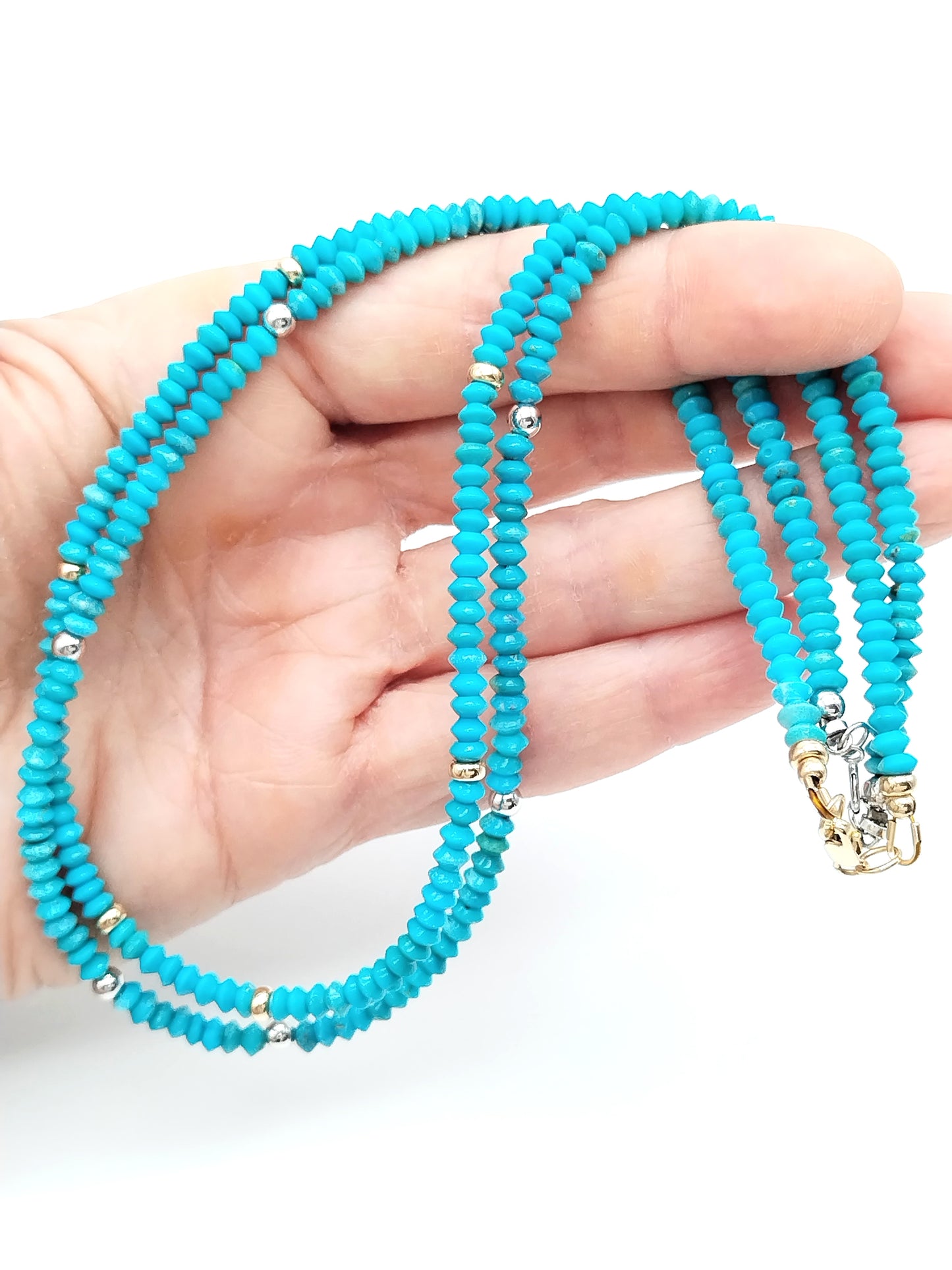 Genuine 4mm Campitos Turquoise Rondelle Necklace in 14K White Gold
