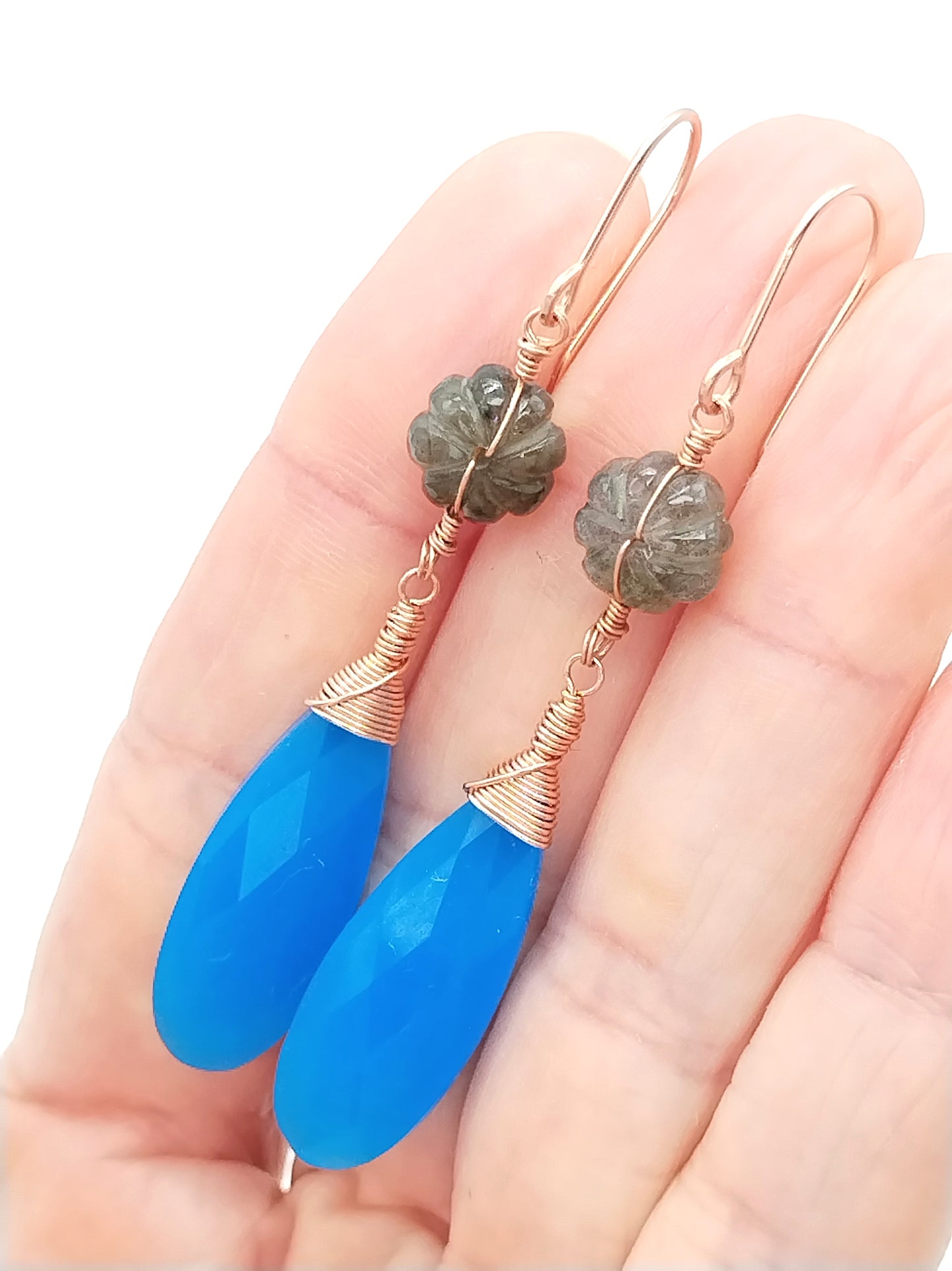 Chalcedony Drop Earrings with Labradorite - 14k Rose Gold Filled | Ms Friesch