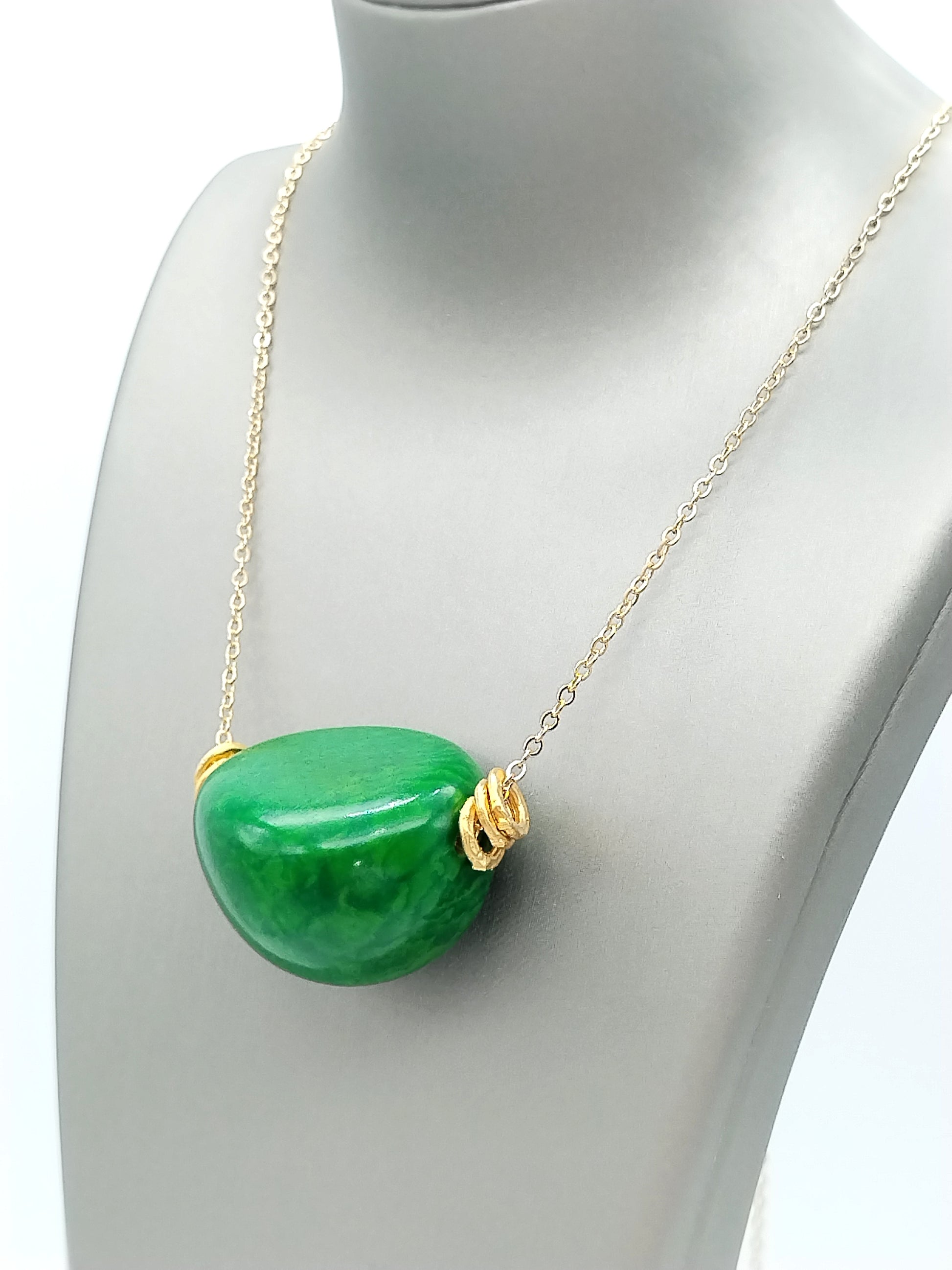 Green and multicolor tagua seed long necklace - sustainable vegetable ivory jewelry