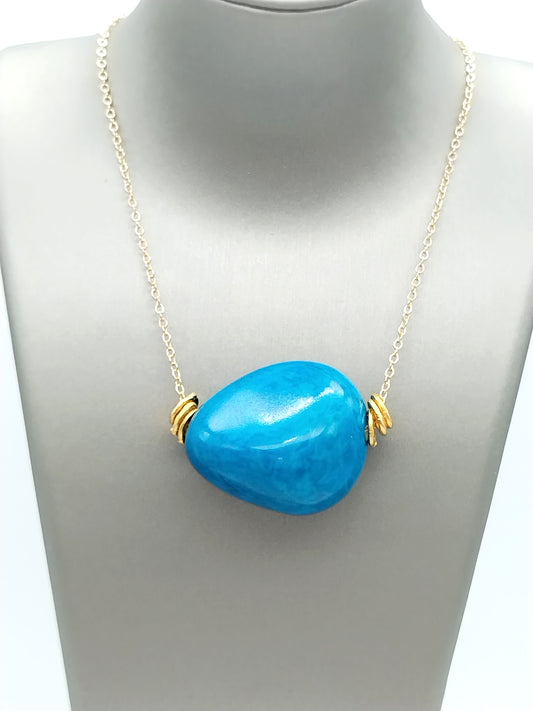 Blue tagua seed necklace with gold chain - eco-friendly handmade jewelry