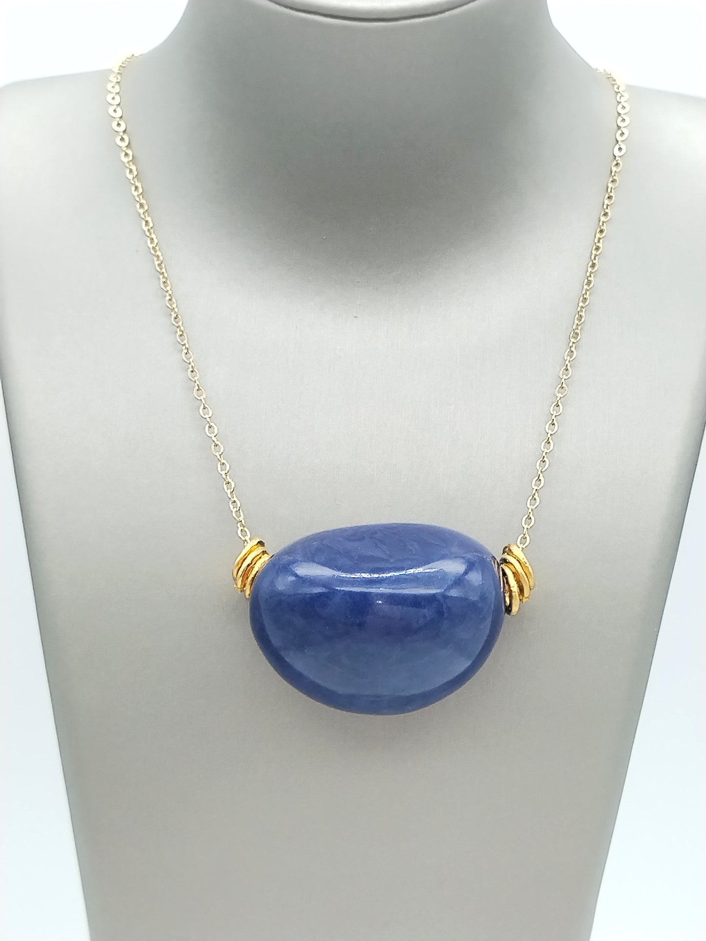 Navy Blue Tagua Gold Chain Necklace - Eco-Friendly Handmade Jewelry