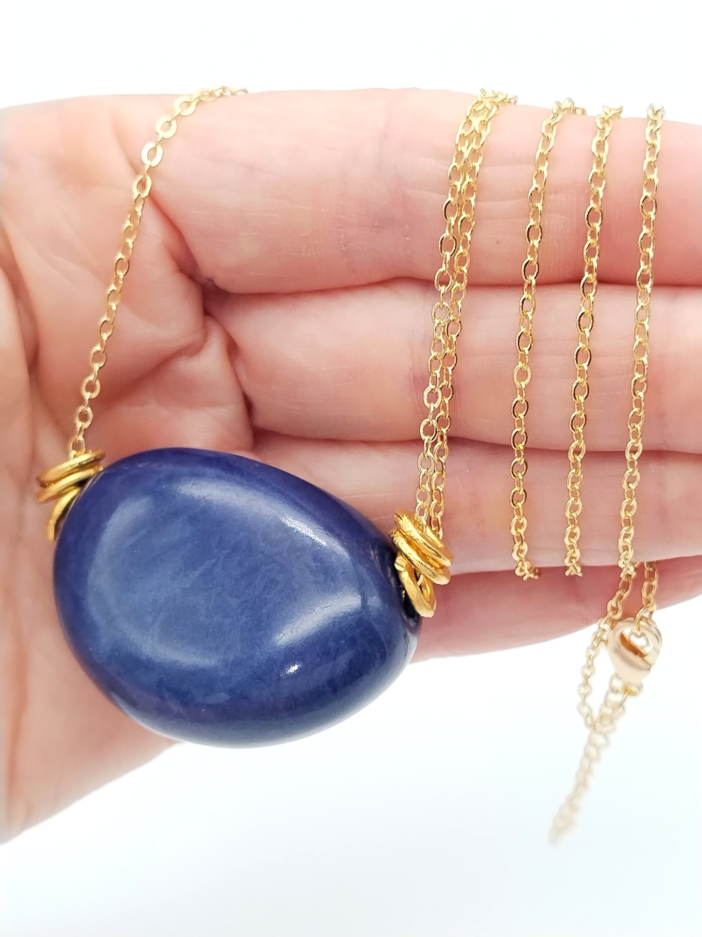 Navy Blue Tagua Gold Chain Necklace - Eco-Friendly Handmade Jewelry