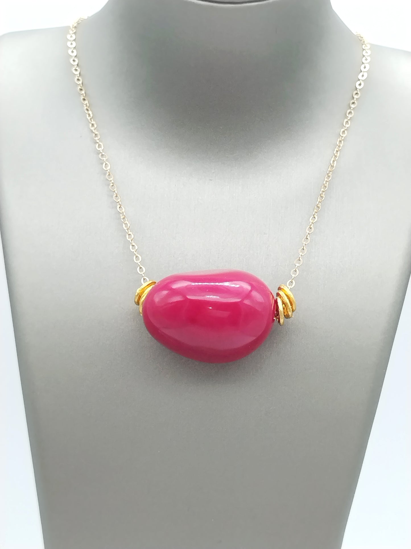 Fuchsia pink tagua seed necklace with gold chain - main product view