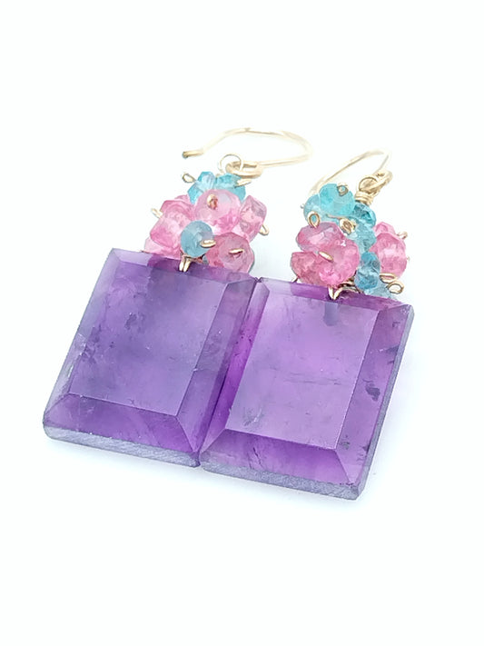 Amethyst Cluster Rectangle Dangle Earrings - 14K Gold Filled