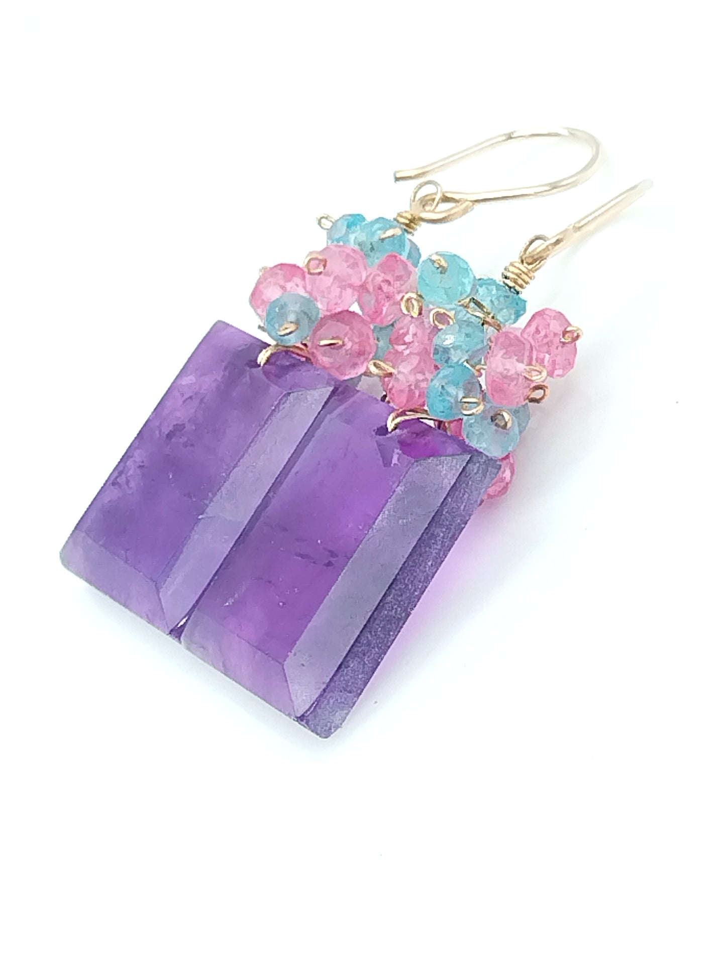 Pendientes colgantes rectangulares con racimo de amatista - Laminado en oro de 14 quilates