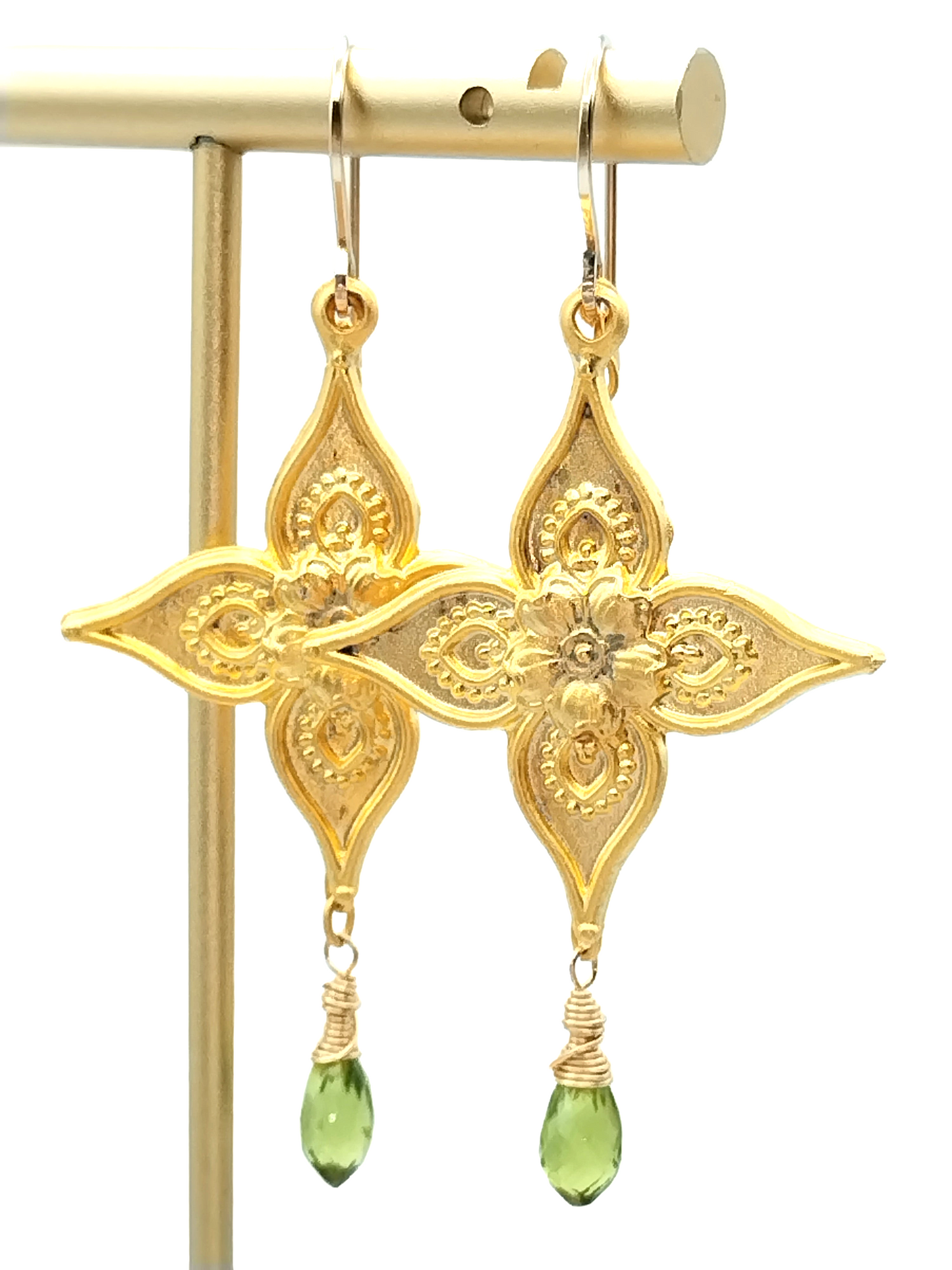 Peridot Flower Dangle Earrings - Gold Plated Long Statement Earrings