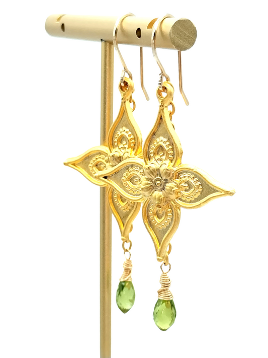 Peridot Flower Dangle Earrings - Gold Plated Long Statement Earrings