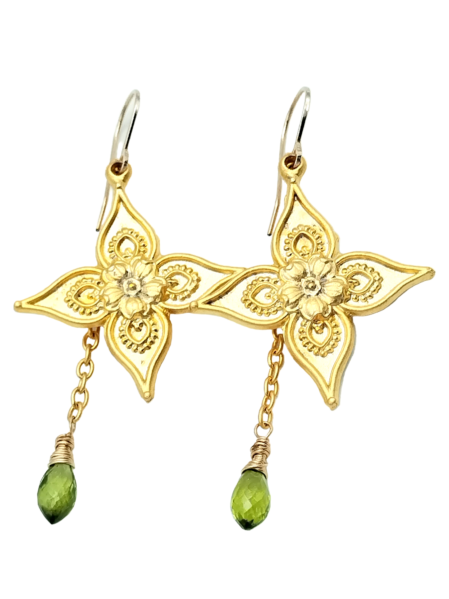 Peridot Flower Dangle Earrings - Gold Plated Long Statement Earrings