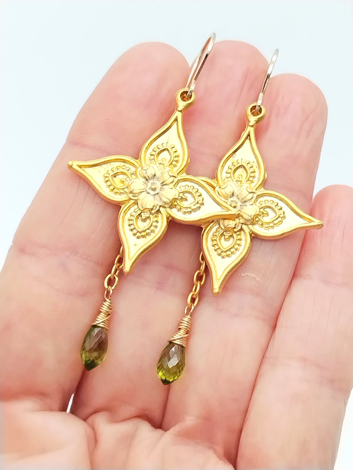 Peridot Flower Dangle Earrings - Gold Plated Long Statement Earrings