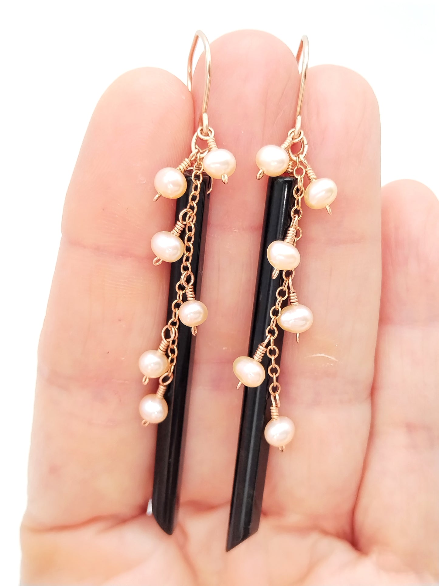 14k Gold Filled Gemstone Dangle Earrings - Obsidian & Pearl Stick Earrings