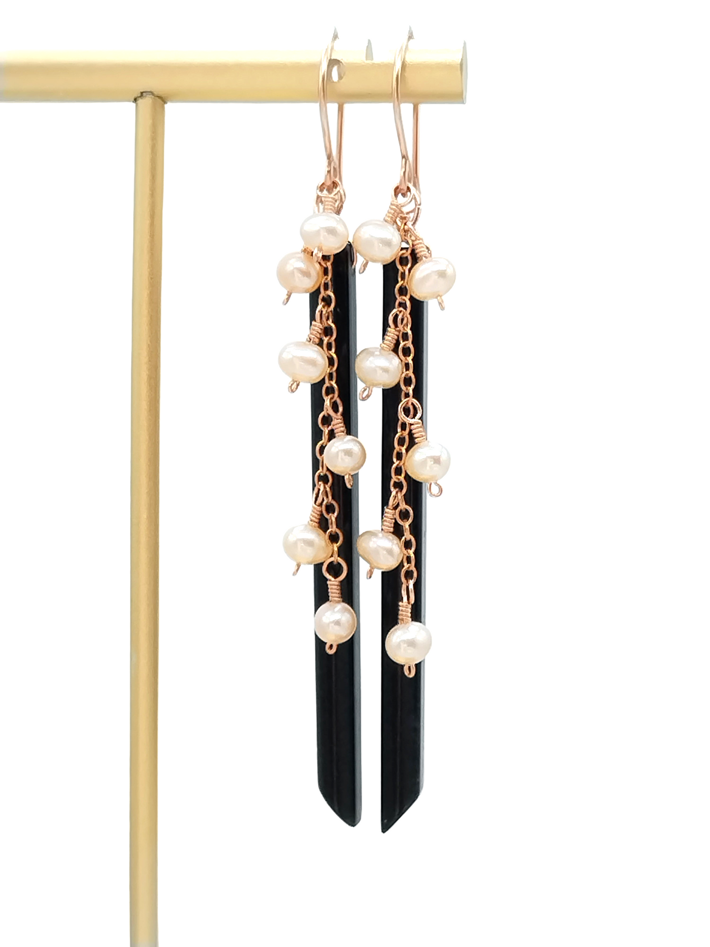 14k Gold Filled Gemstone Dangle Earrings - Obsidian & Pearl Stick Earrings