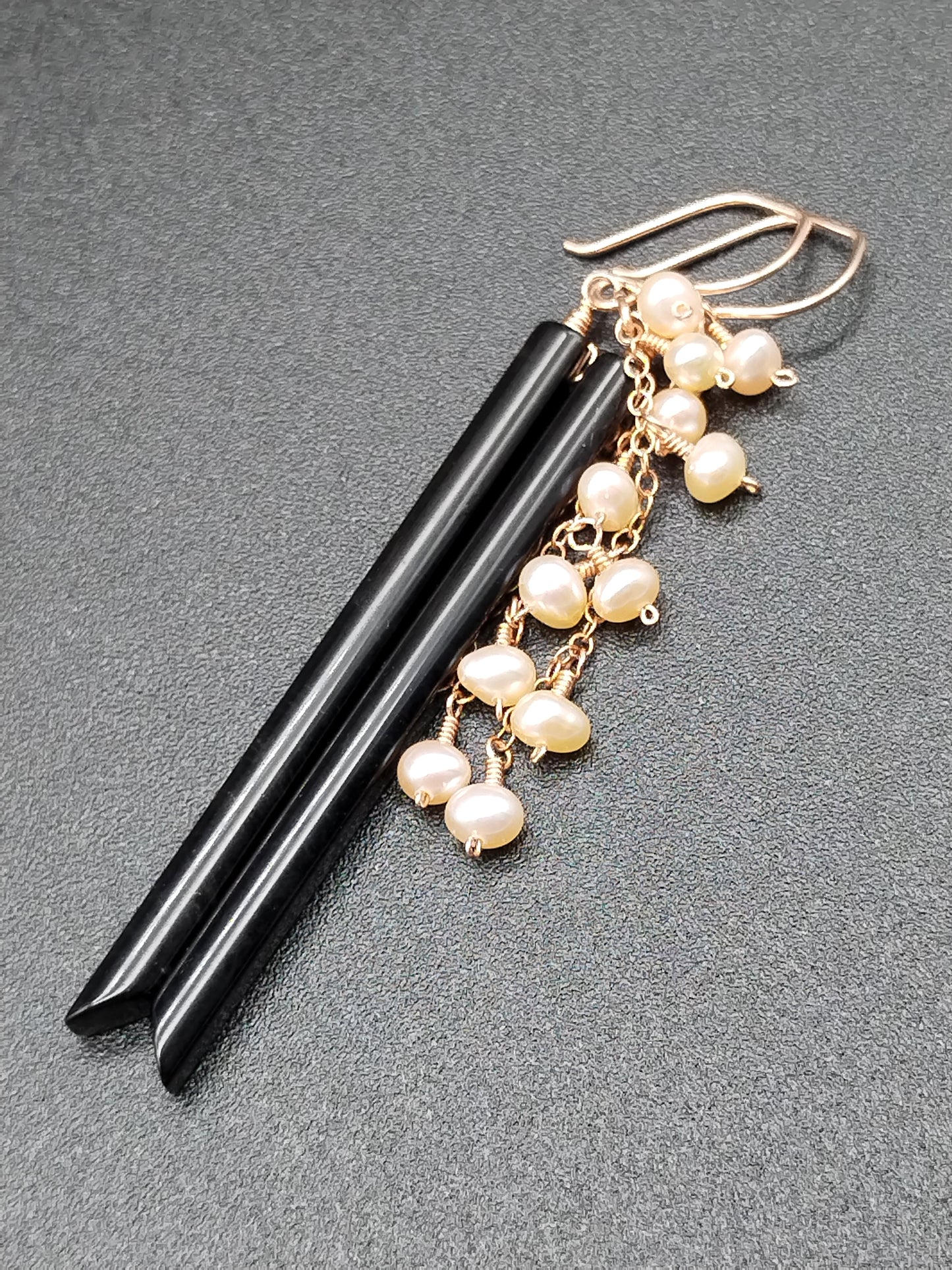 14k Gold Filled Gemstone Dangle Earrings - Obsidian & Pearl Stick Earrings