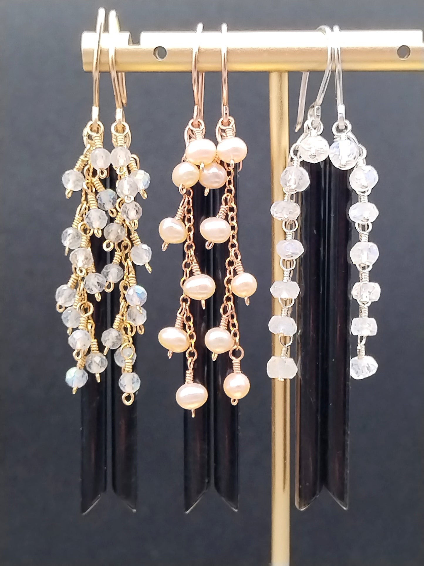 14k Gold Filled Gemstone Dangle Earrings - Obsidian & Pearl Stick Earrings