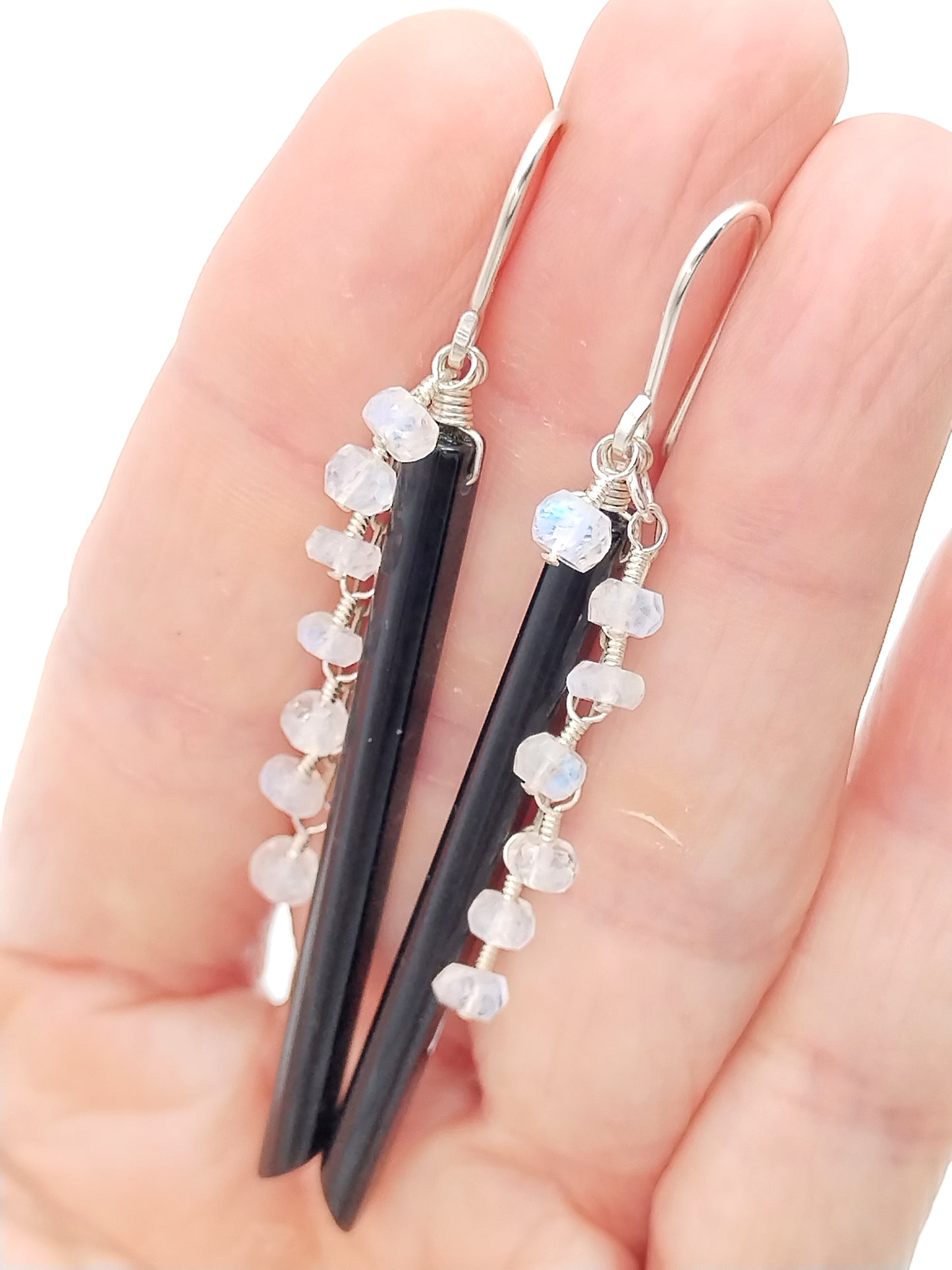 Natural Obsidian & Rainbow Moonstone Dangle Earrings - Sterling Silver Long Earrings