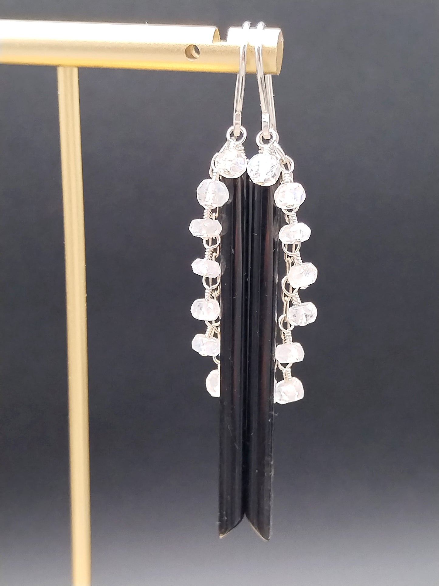 Natural Obsidian & Rainbow Moonstone Dangle Earrings - Sterling Silver Long Earrings
