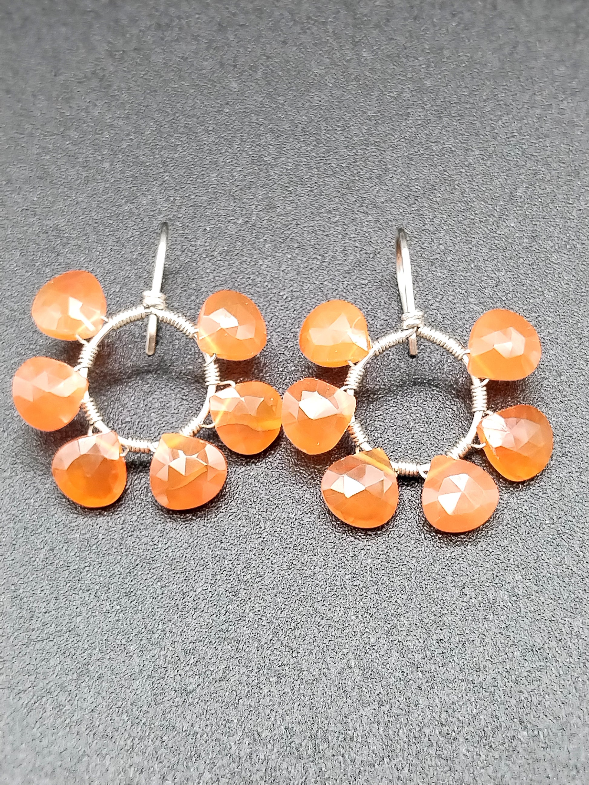 Pair of handcrafted carnelian open hoop hook earrings in sterling silver 925