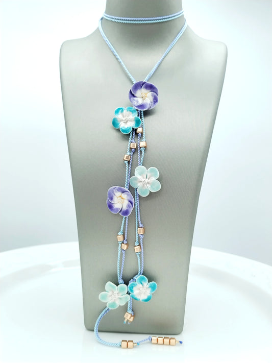 French Ceramic Flower Open Necklace - Pastel Purple & Turquoise Silk Lariat