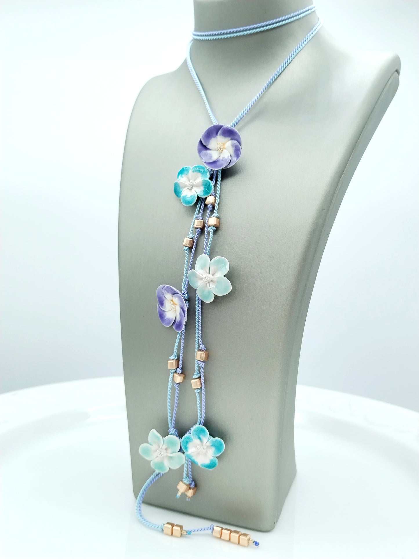 French Ceramic Flower Open Necklace - Pastel Purple & Turquoise Silk Lariat