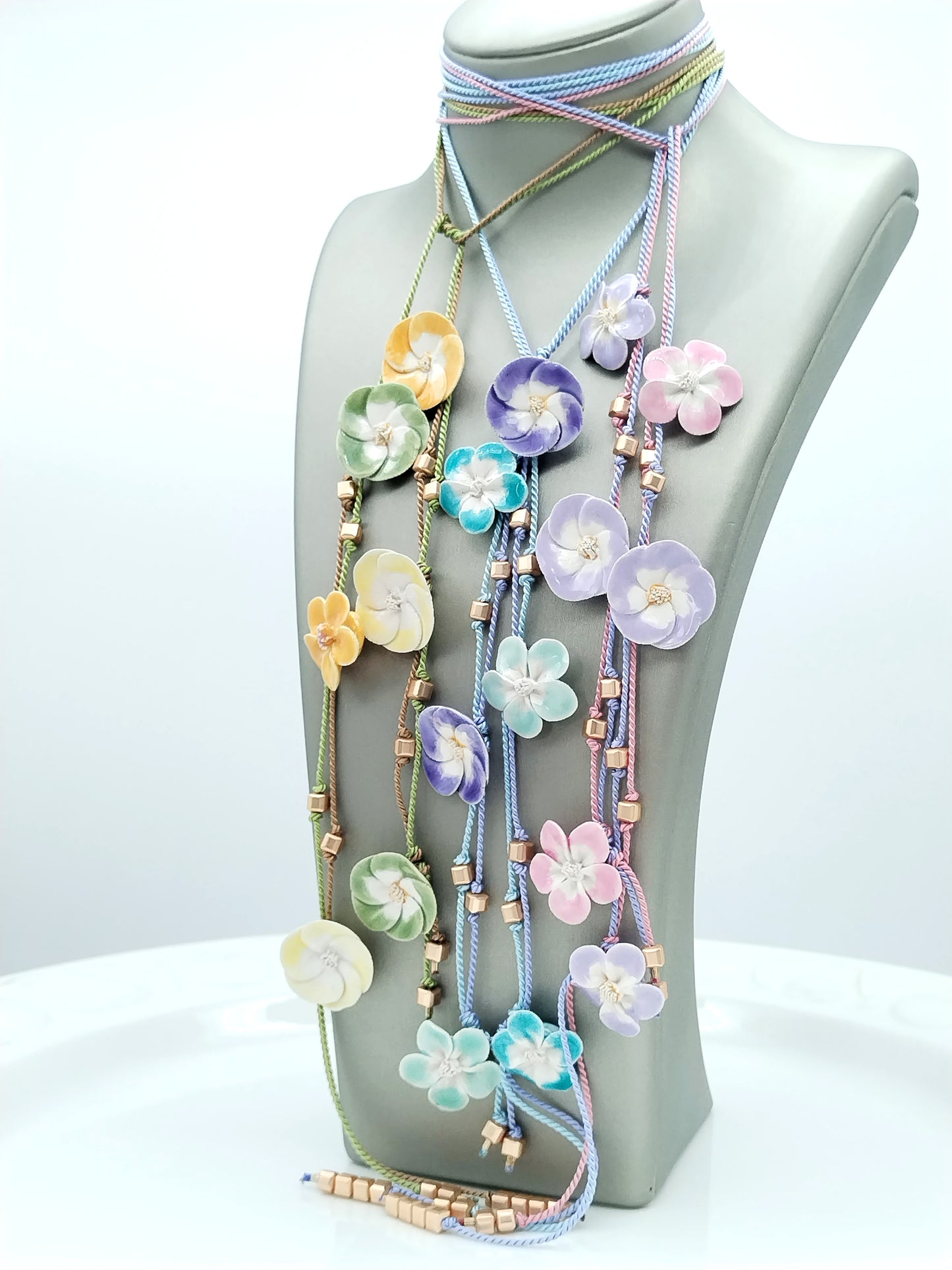 French Ceramic Flower Open Necklace - Pastel Purple & Turquoise Silk Lariat