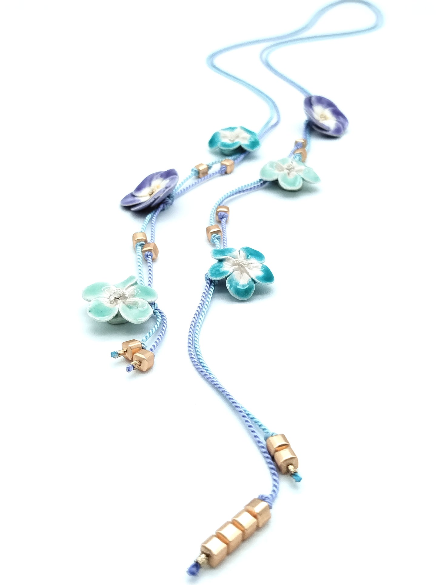 French Ceramic Flower Open Necklace - Pastel Purple & Turquoise Silk Lariat