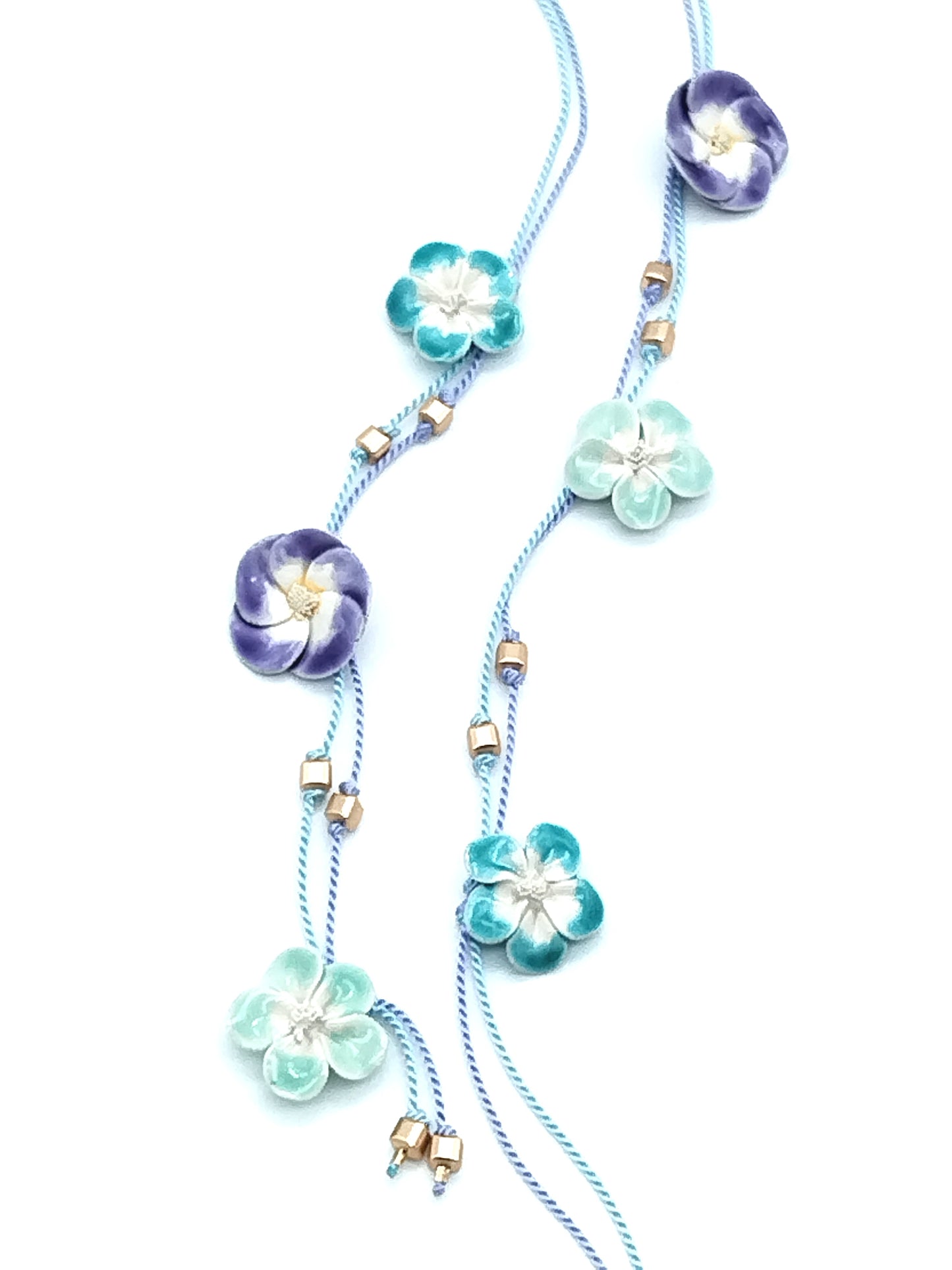 French Ceramic Flower Open Necklace - Pastel Purple & Turquoise Silk Lariat