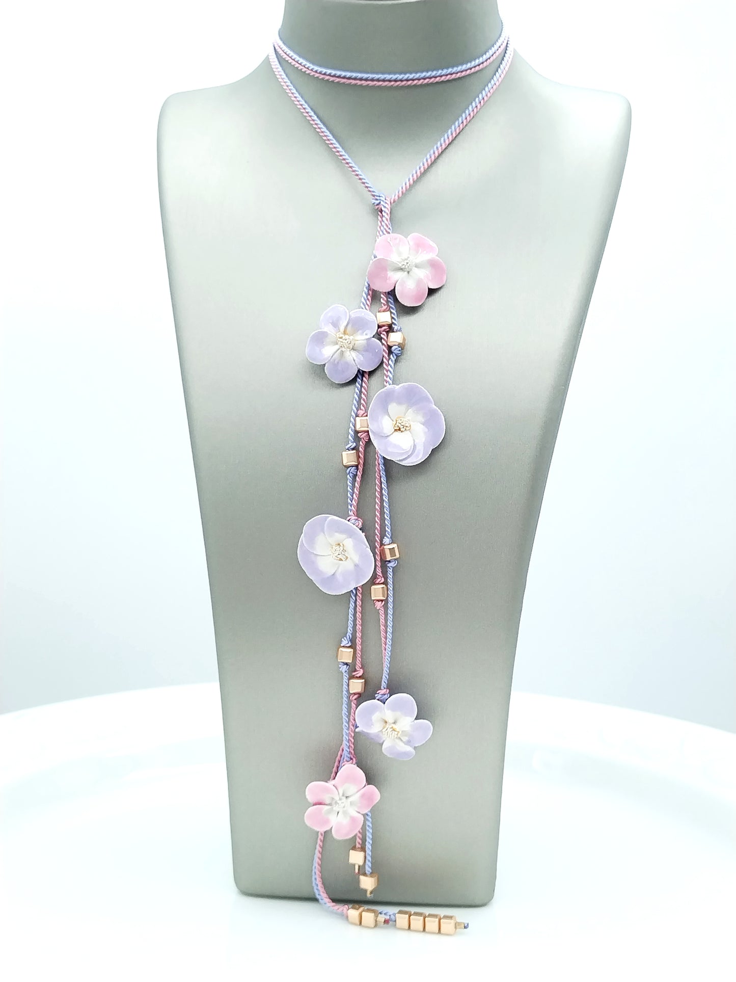 French Ceramic Flower Open Necklace - Soft Pink & Lavender Silk Lariat
