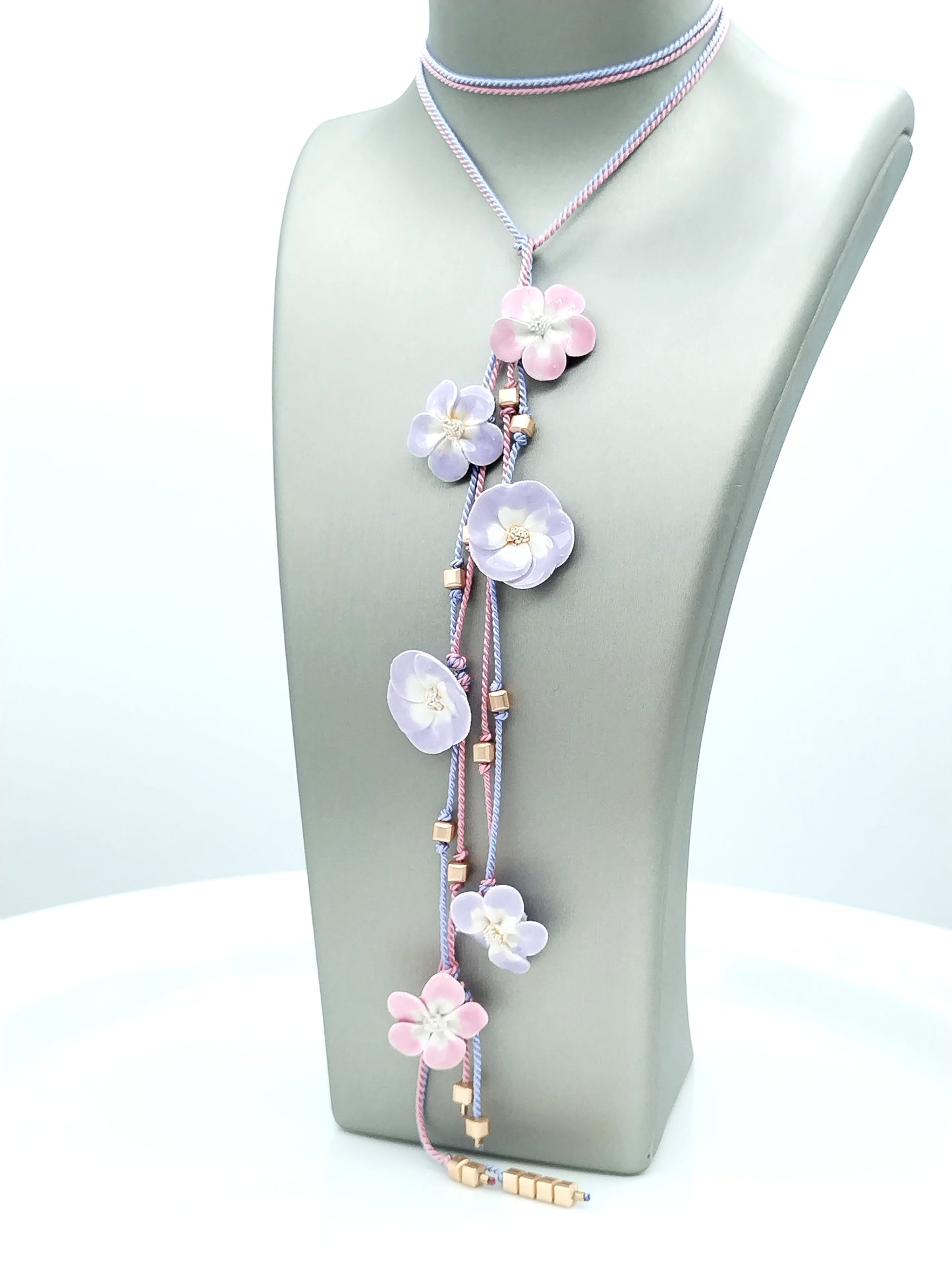 French Ceramic Flower Open Necklace - Soft Pink & Lavender Silk Lariat