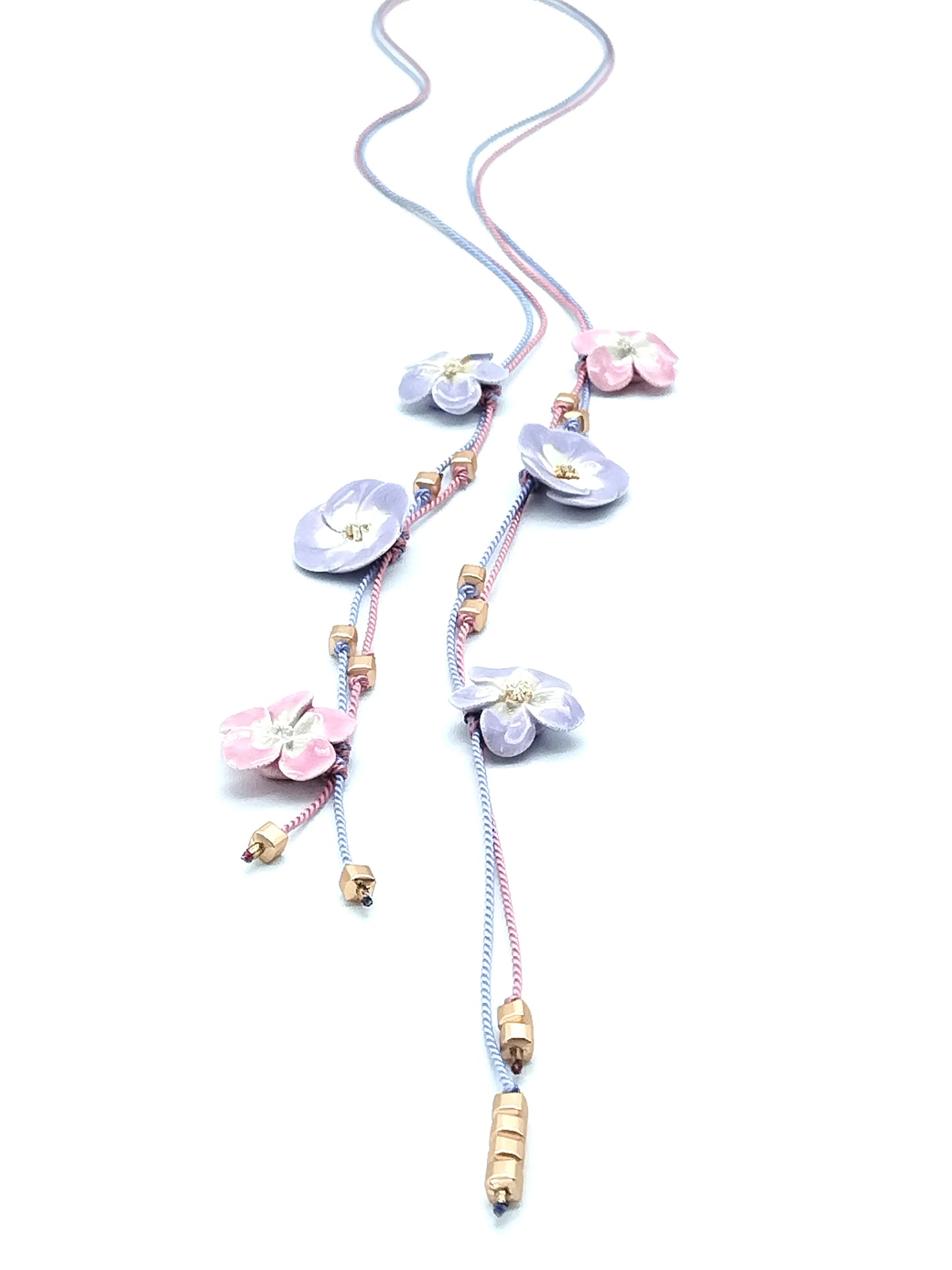 French Ceramic Flower Open Necklace - Soft Pink & Lavender Silk Lariat