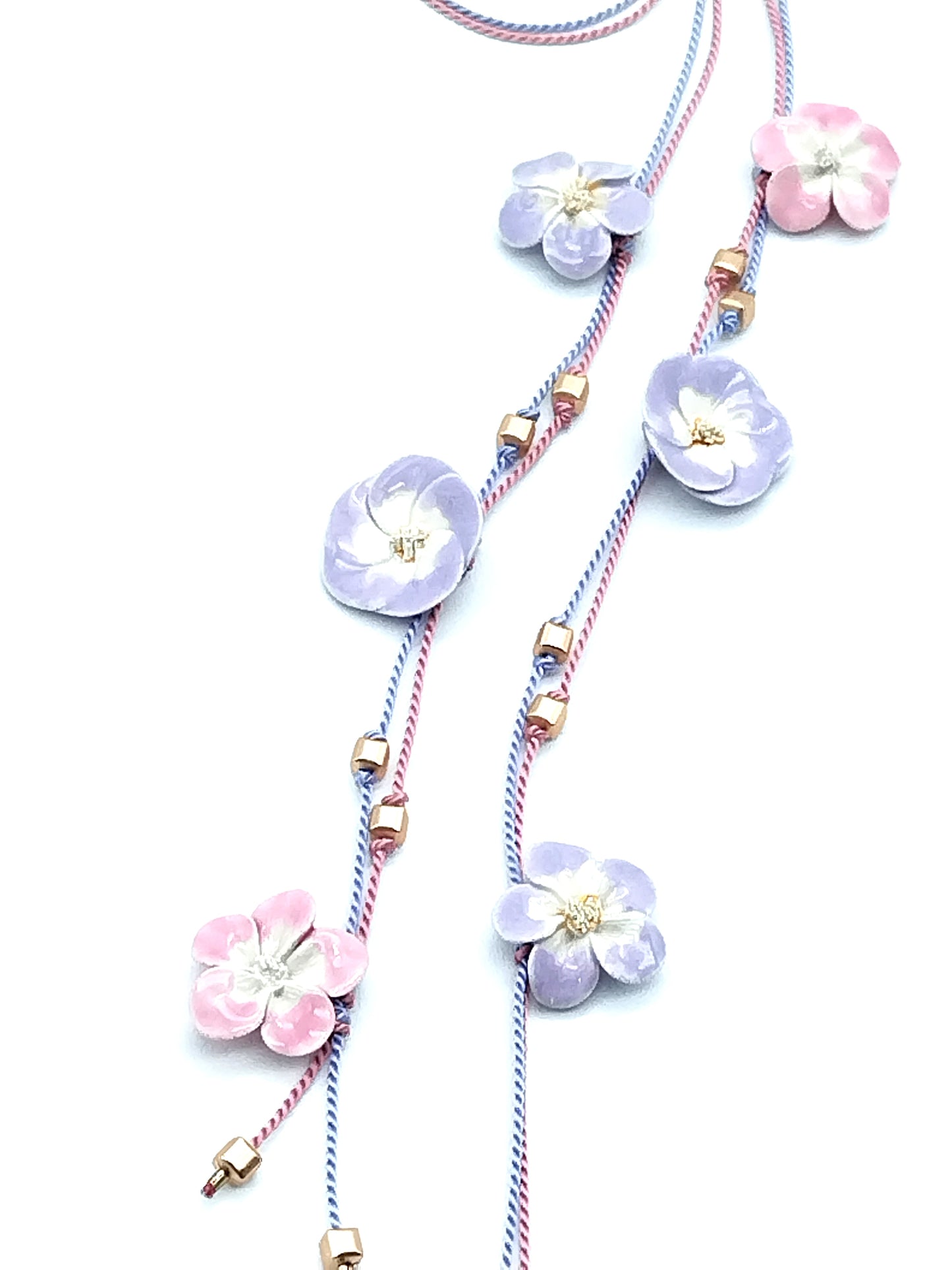 French Ceramic Flower Open Necklace - Soft Pink & Lavender Silk Lariat