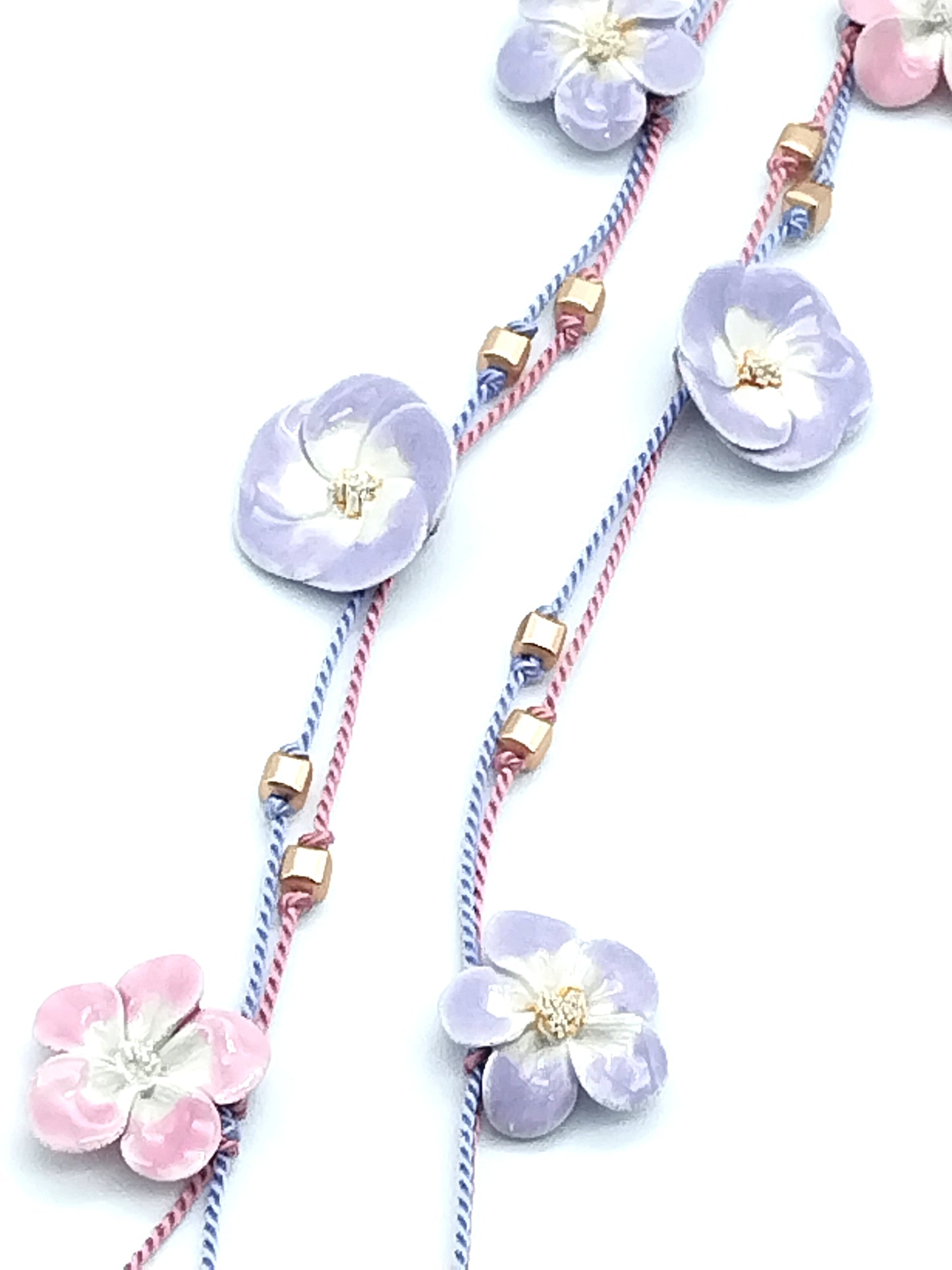 French Ceramic Flower Open Necklace - Soft Pink & Lavender Silk Lariat