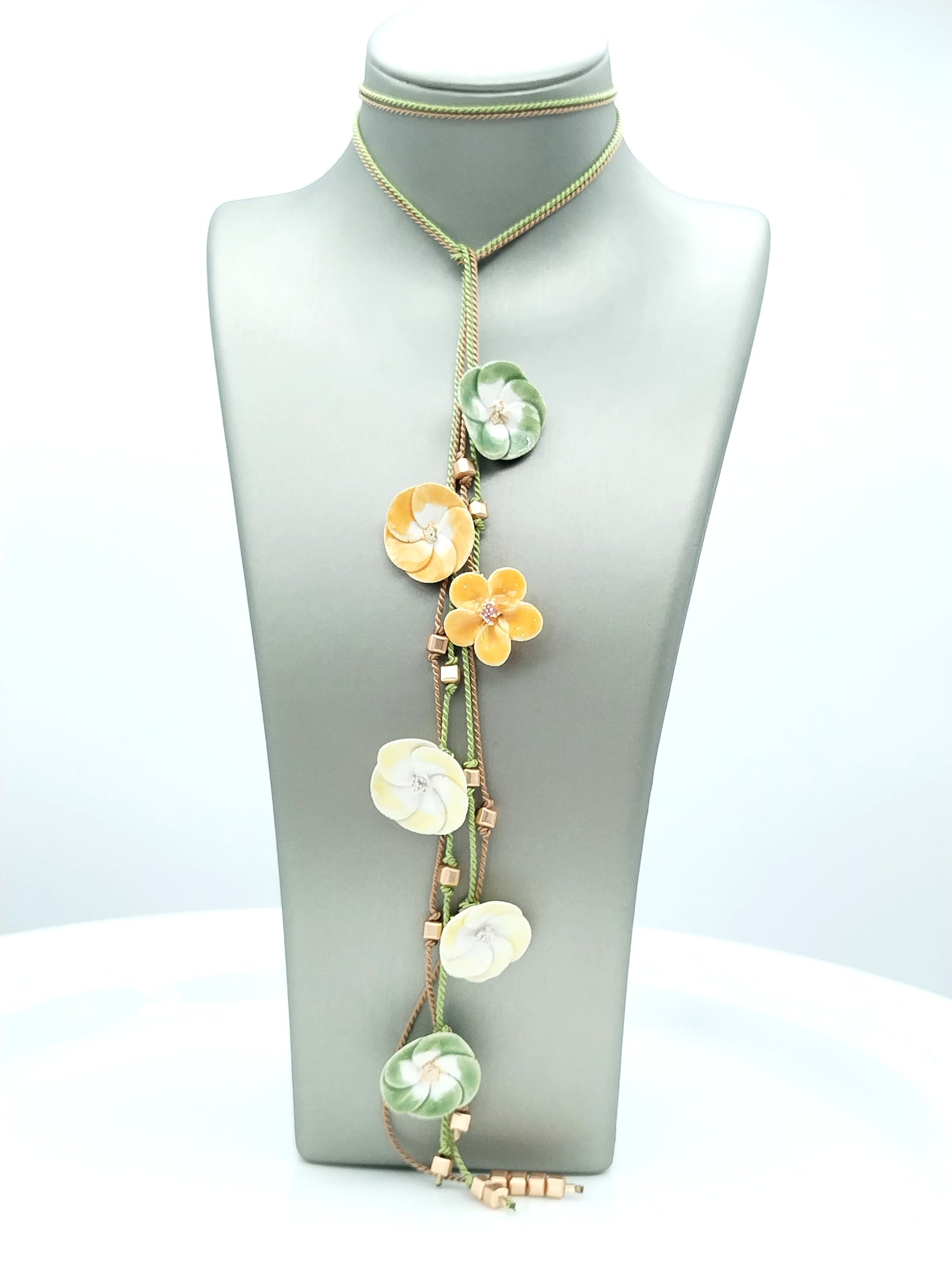 French Ceramic Flower Open Necklace - Pastel Green, Yellow & Earthy Brown Silk Lariat