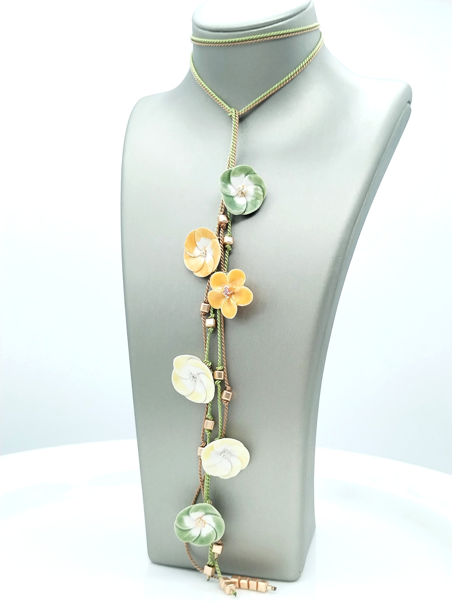 French Ceramic Flower Open Necklace - Pastel Green, Yellow & Earthy Brown Silk Lariat