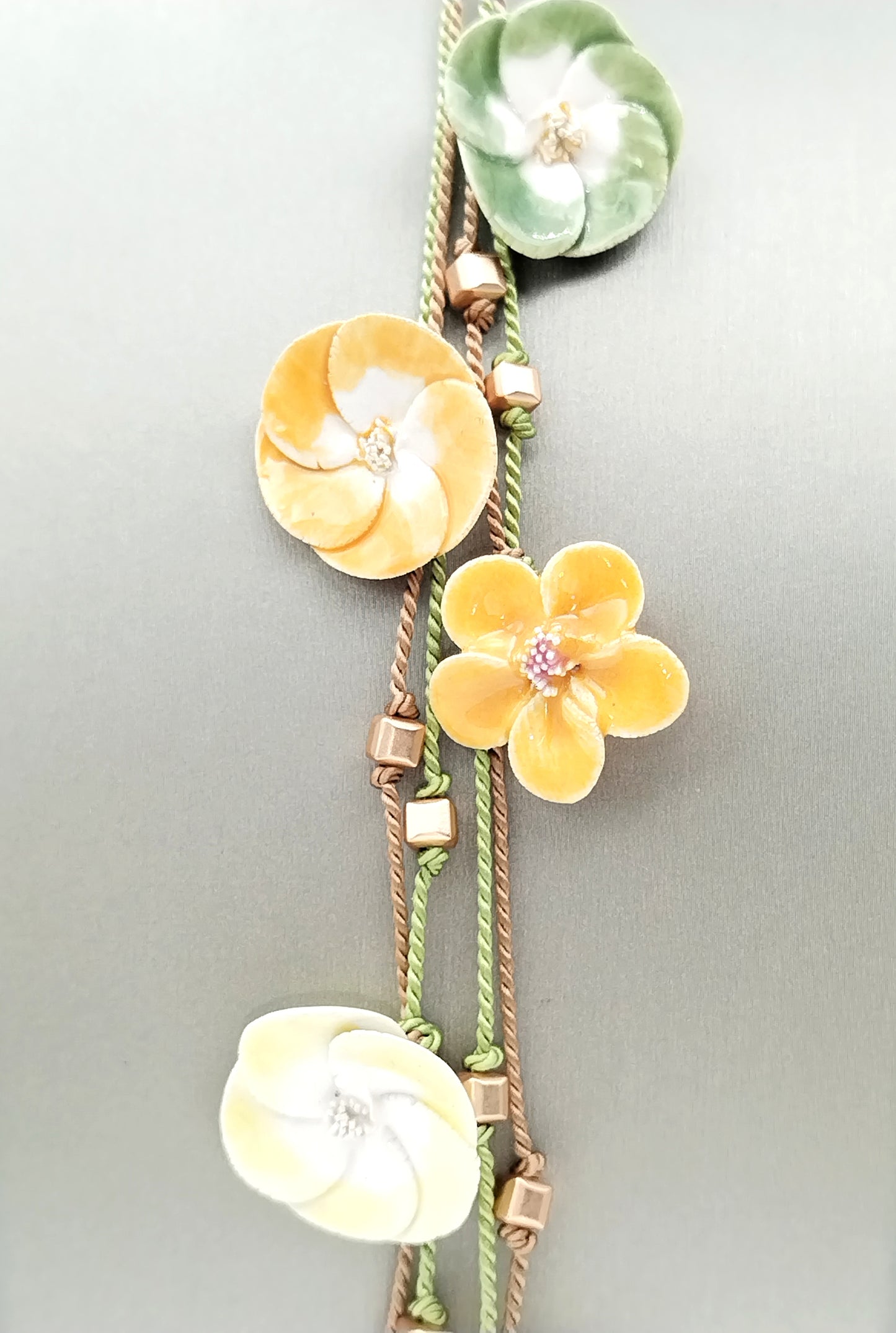French Ceramic Flower Open Necklace - Pastel Green, Yellow & Earthy Brown Silk Lariat