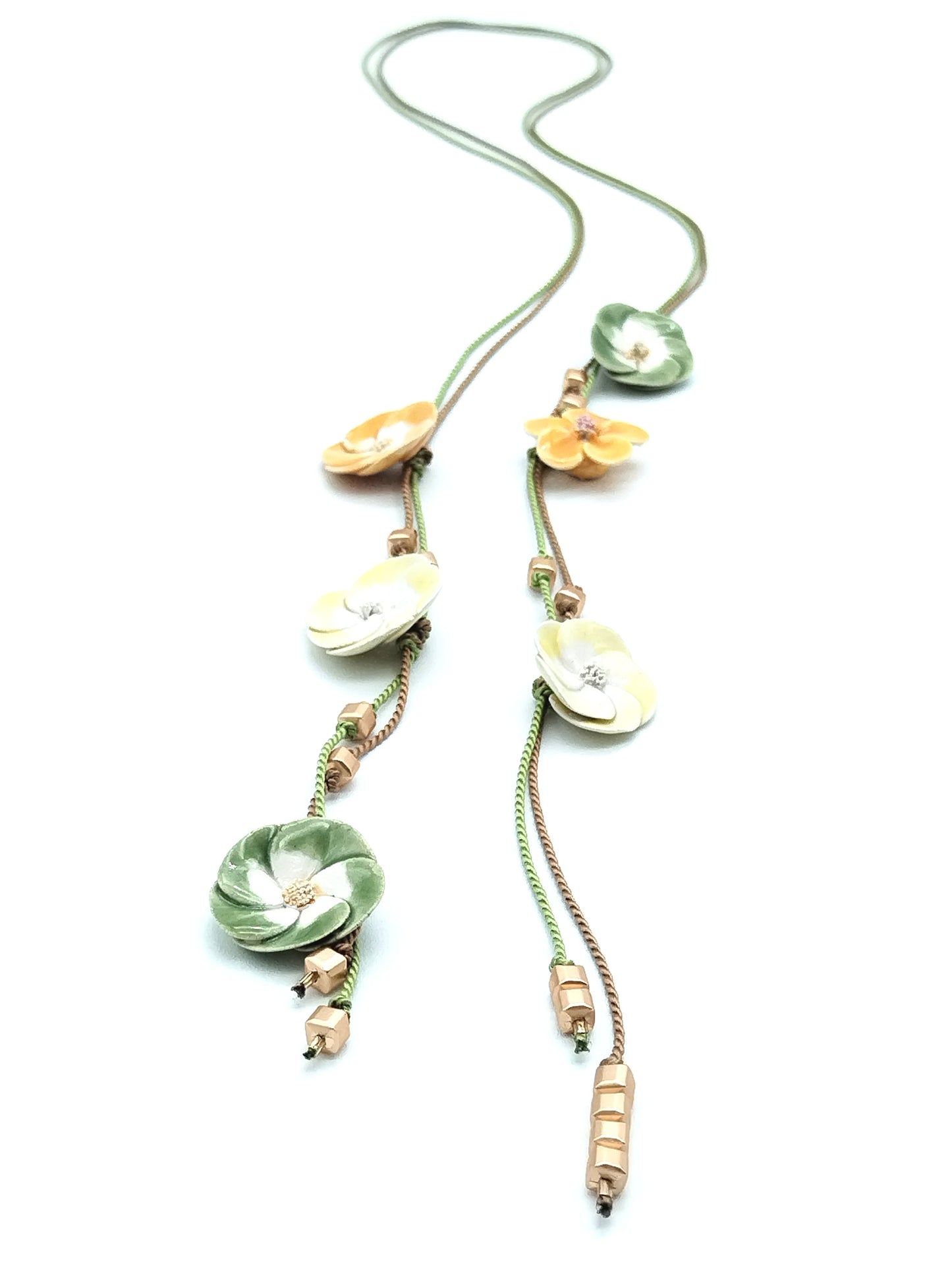 French Ceramic Flower Open Necklace - Pastel Green, Yellow & Earthy Brown Silk Lariat