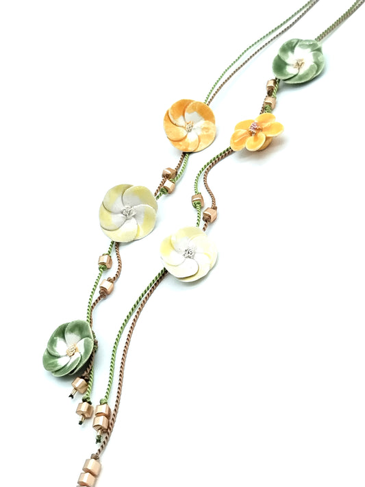 French Ceramic Flower Open Necklace - Pastel Green, Yellow & Earthy Brown Silk Lariat