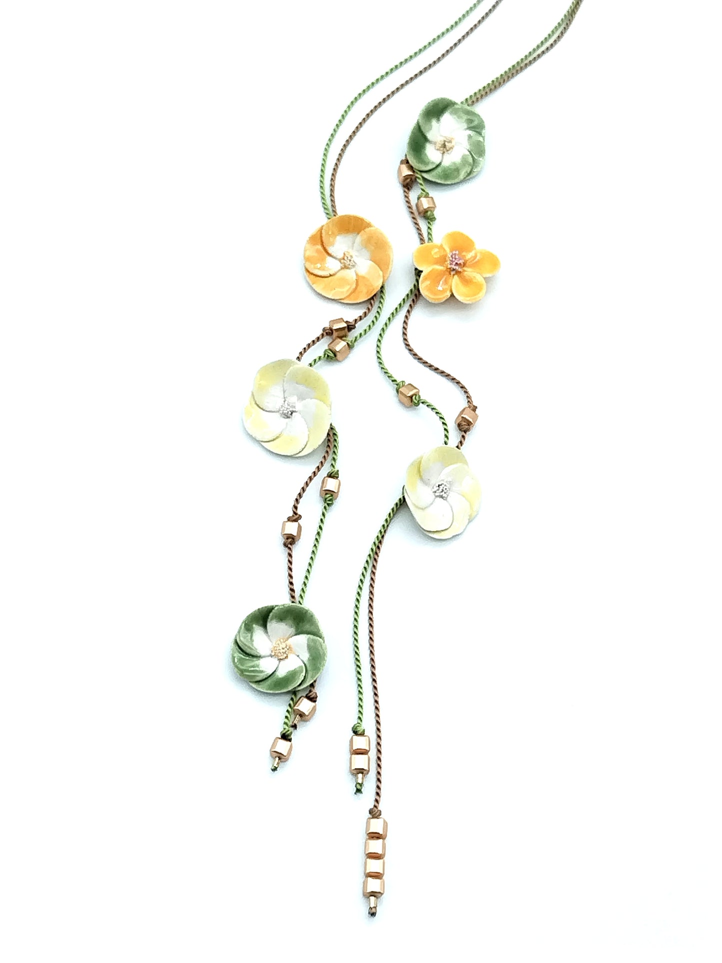 French Ceramic Flower Open Necklace - Pastel Green, Yellow & Earthy Brown Silk Lariat
