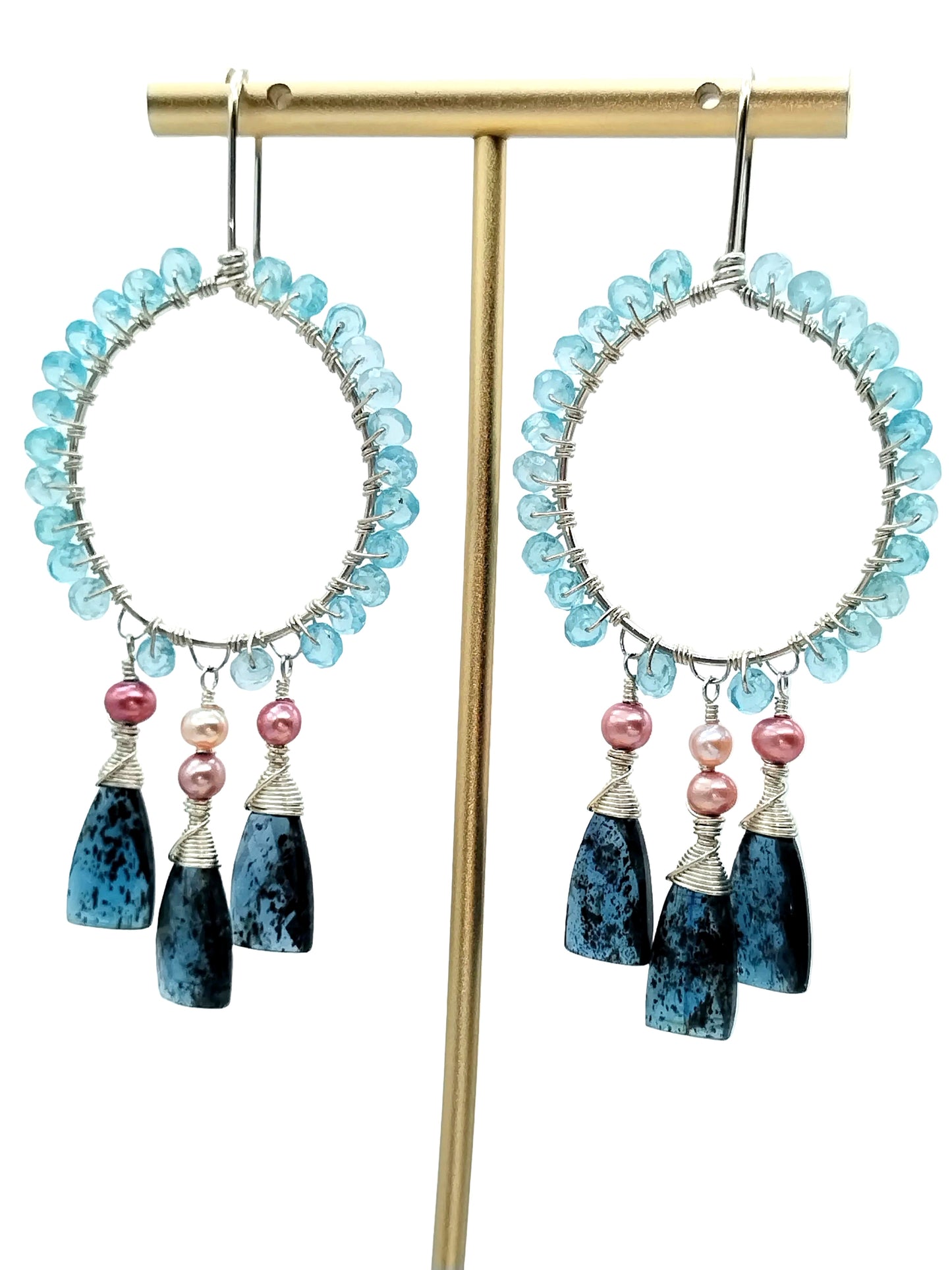 Sterling Silver Chandelier Hoop Earrings with Kyanite, Apatite & Freshwater Pearls