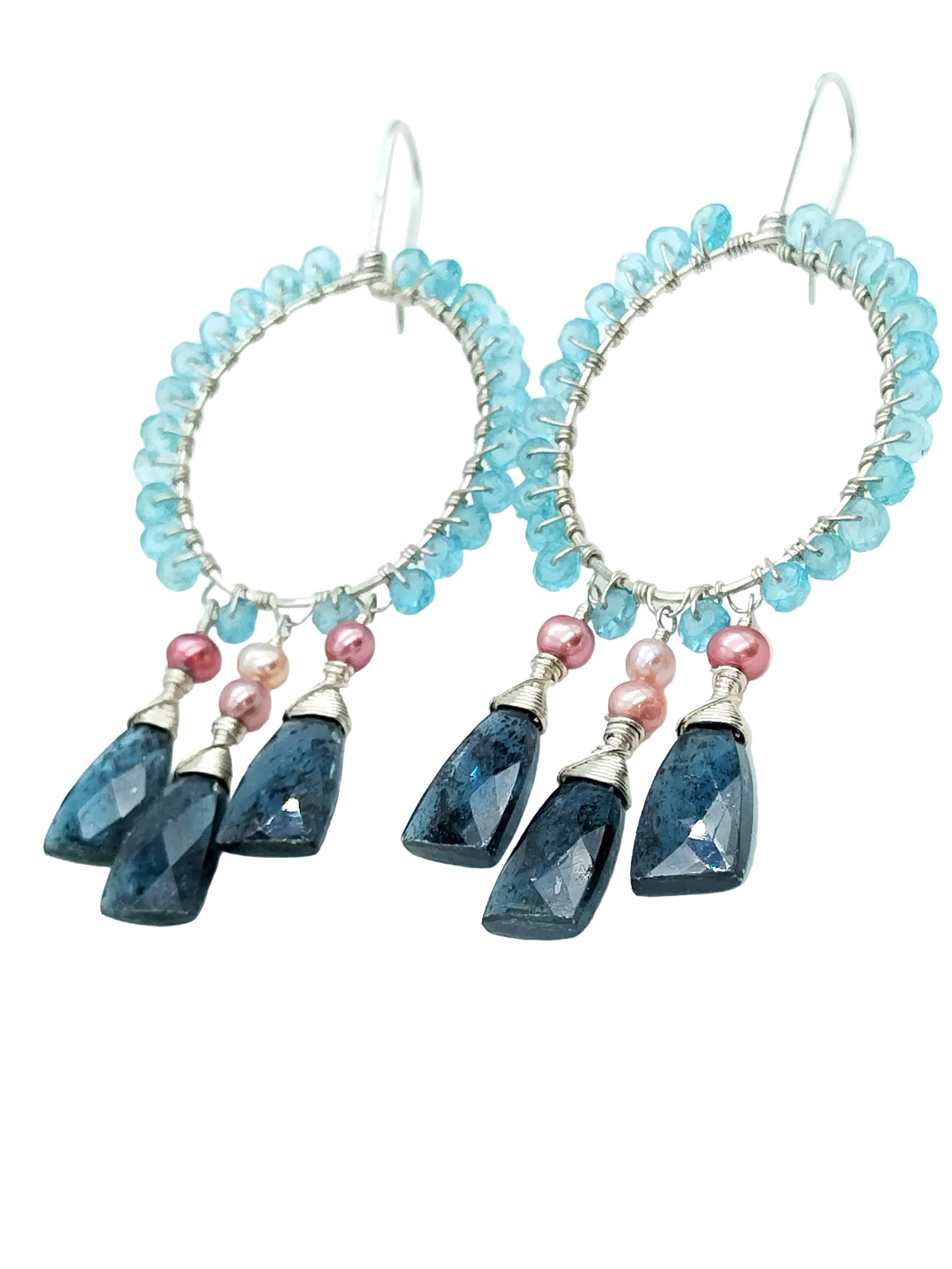 Sterling Silver Chandelier Hoop Earrings with Kyanite, Apatite & Freshwater Pearls