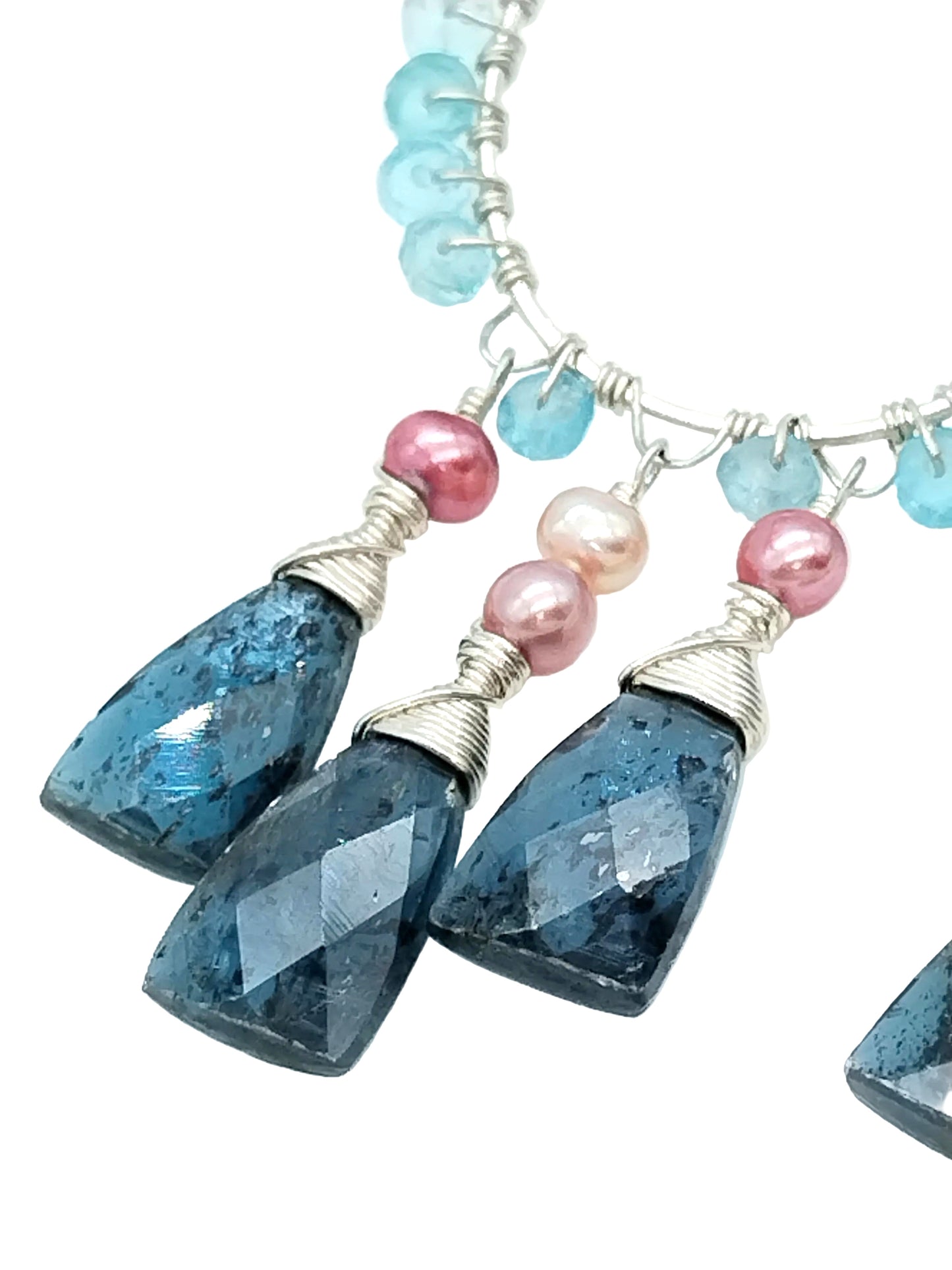 Sterling Silver Chandelier Hoop Earrings with Kyanite, Apatite & Freshwater Pearls