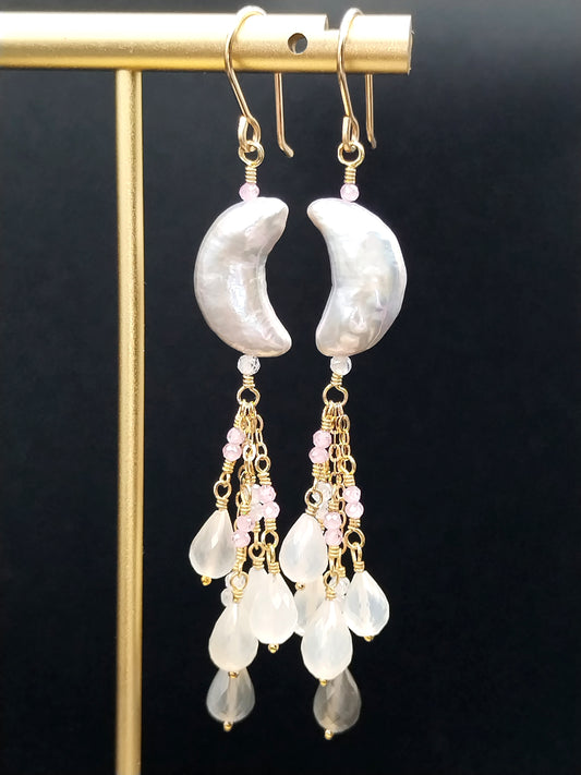 Fresh Water Moon Dangle Earrings with cascading natural gemstones and 14k gold filled wire - front view