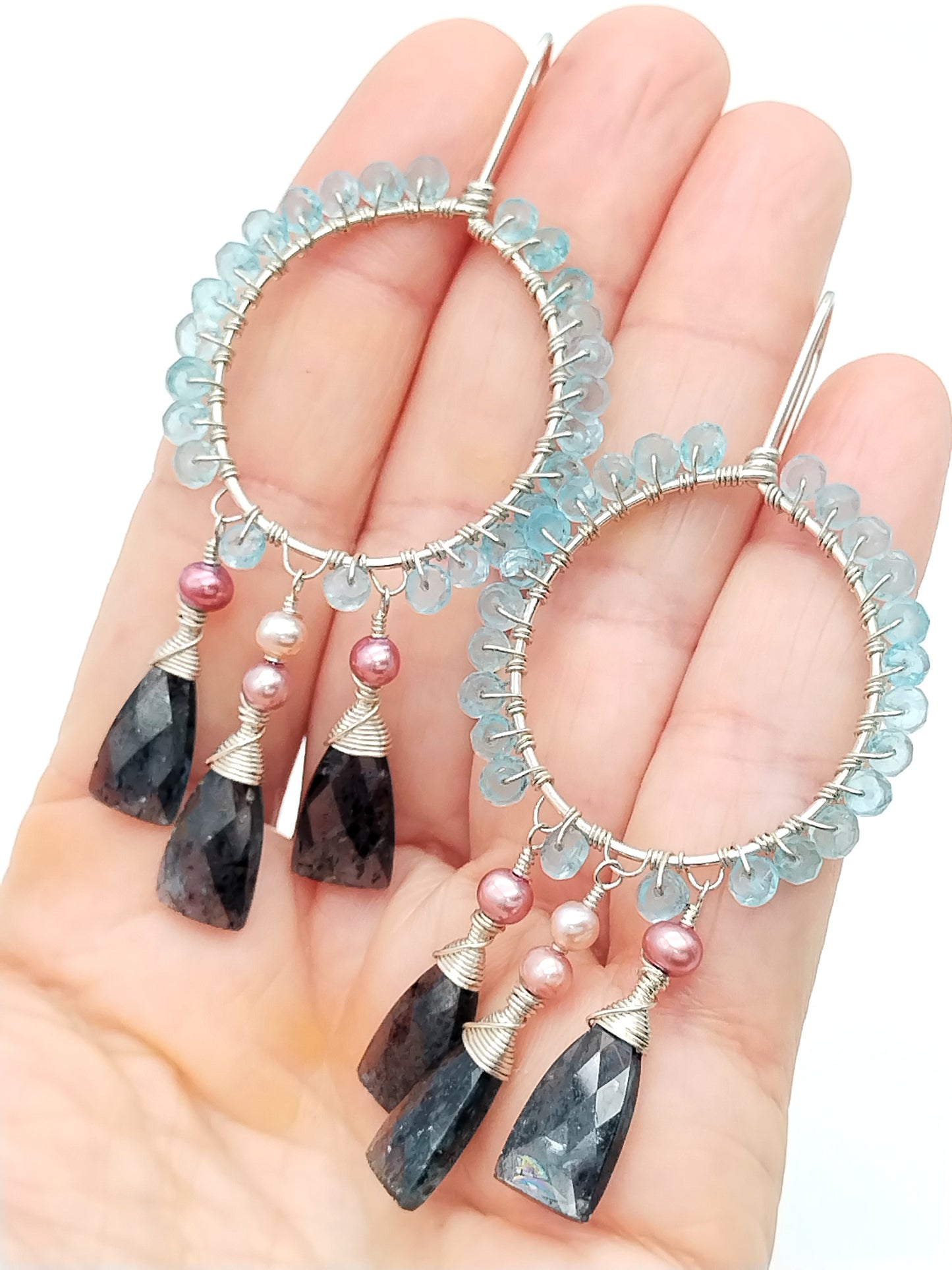 Sterling Silver Chandelier Hoop Earrings with Kyanite, Apatite & Freshwater Pearls