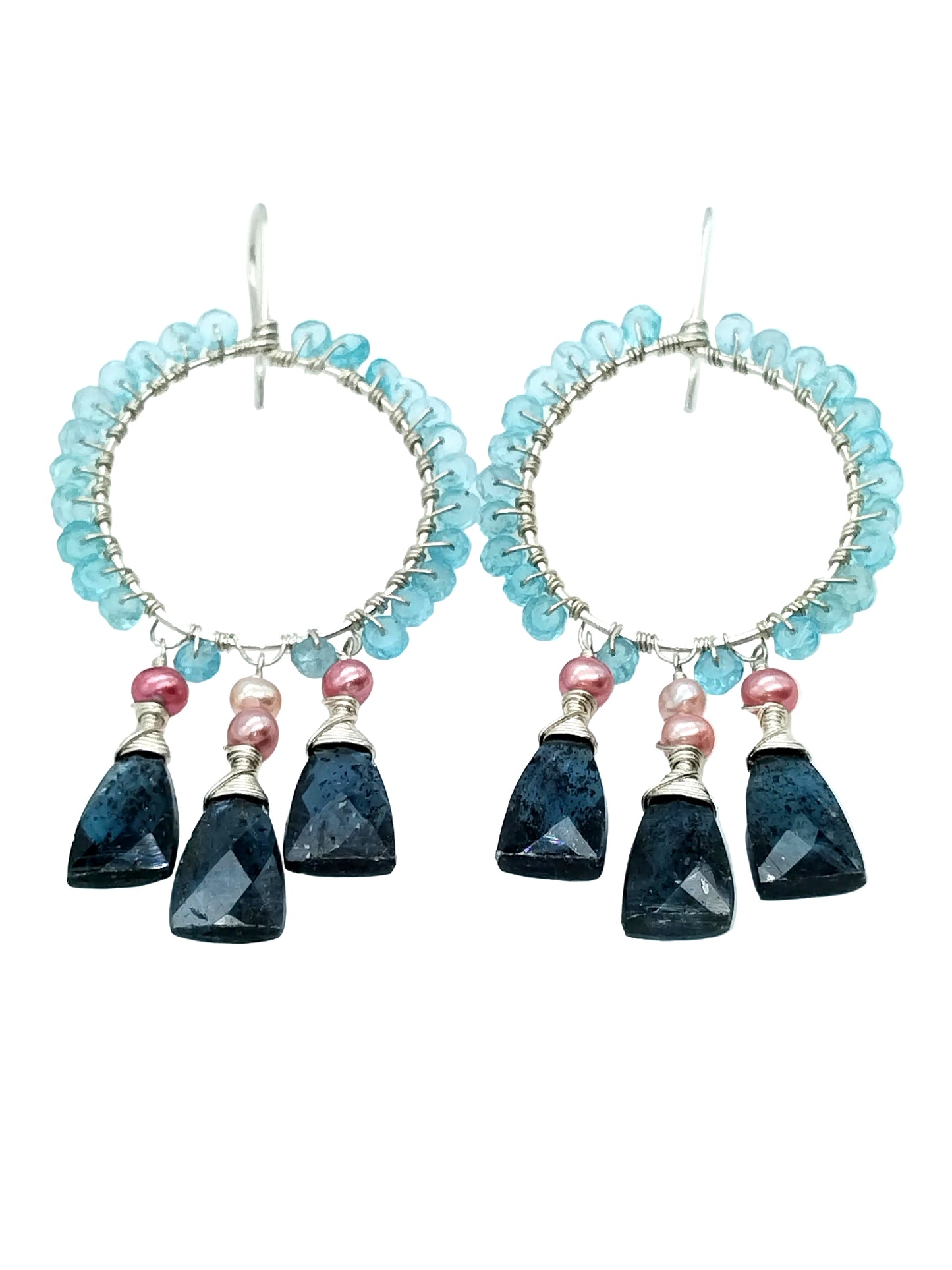 Sterling Silver Chandelier Hoop Earrings with Kyanite, Apatite & Freshwater Pearls