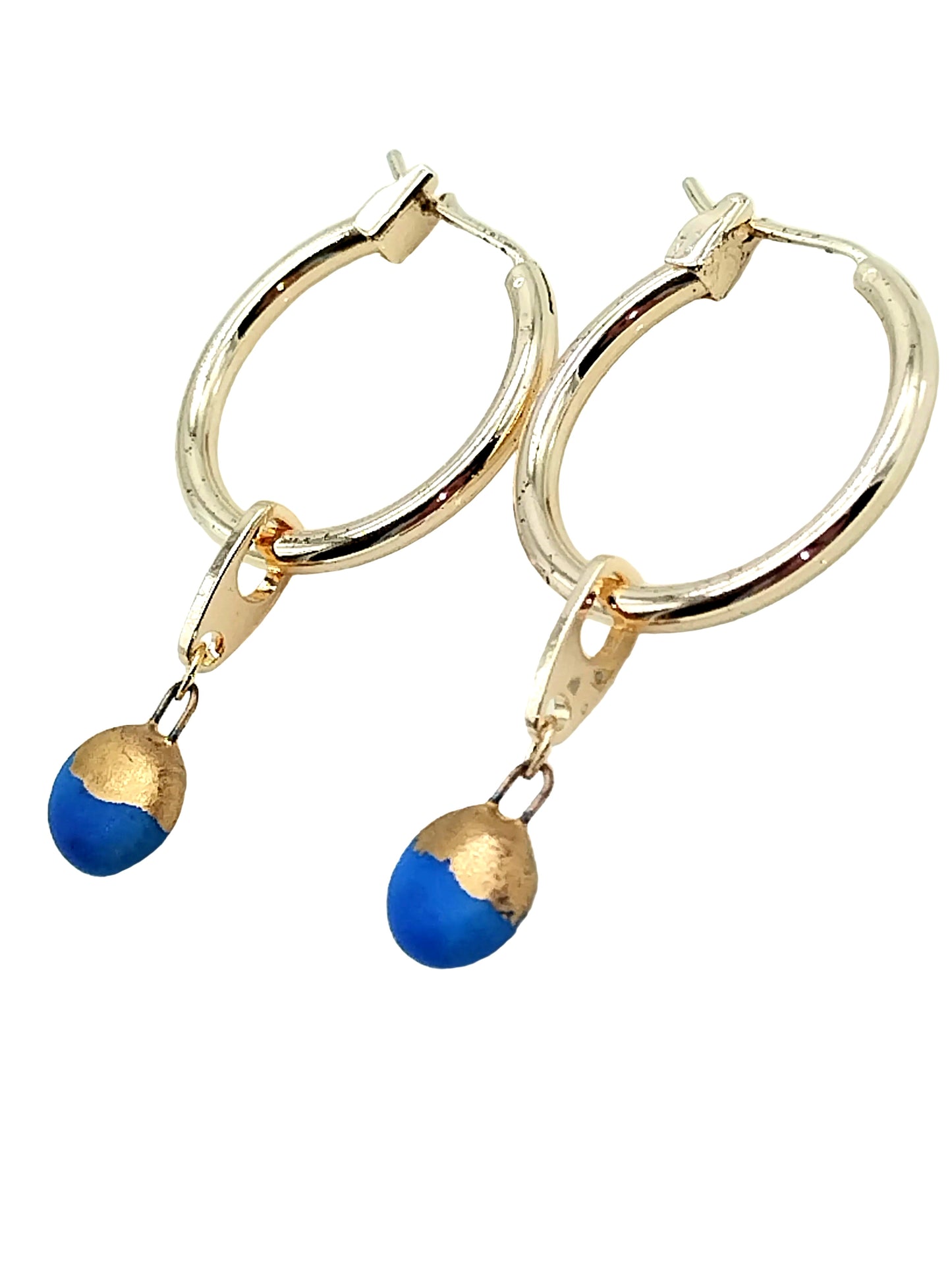 18k Gold Plated Hoops with Removable Blue & Gold French Ceramic Charm