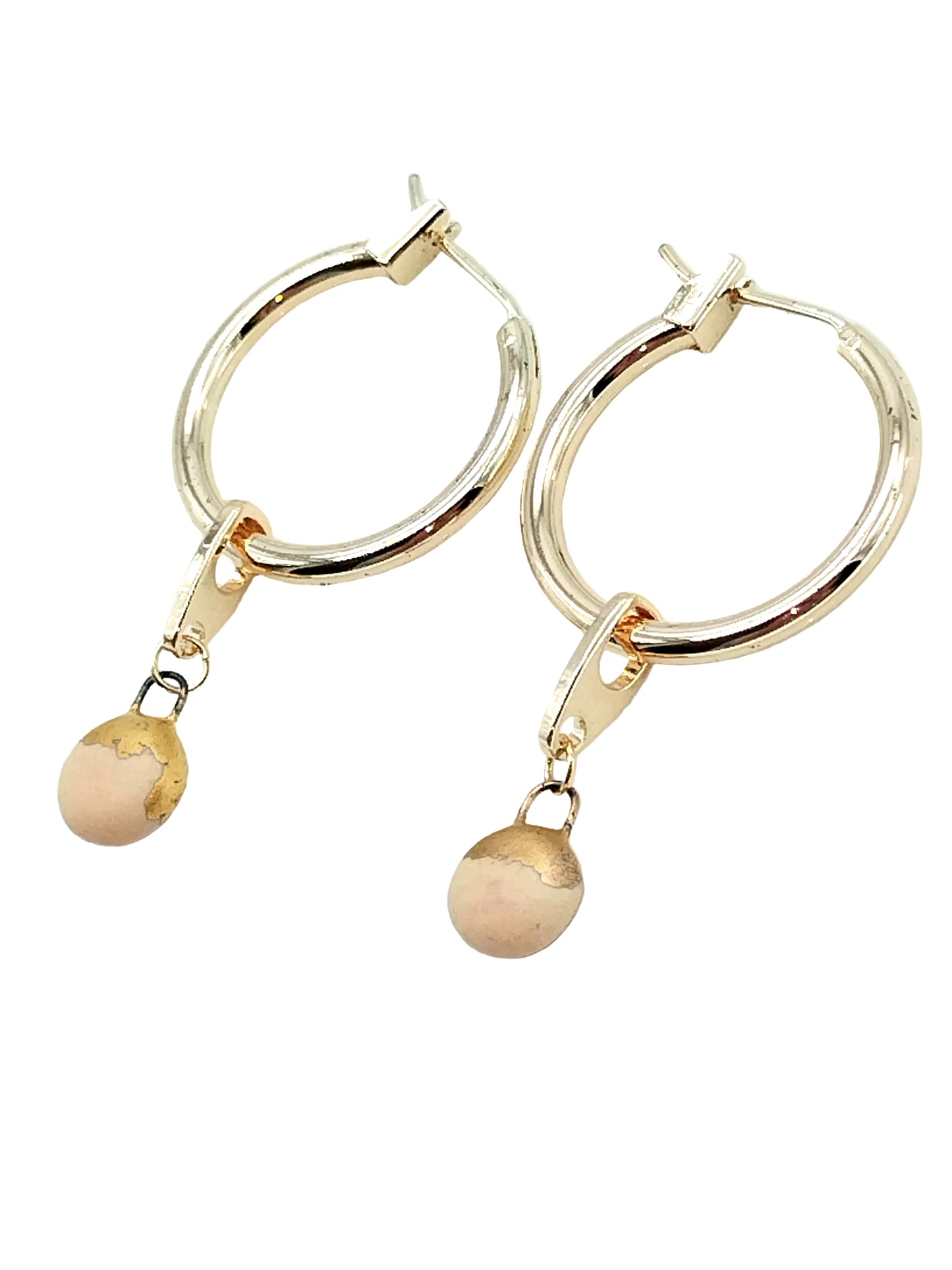 18k gold plated hoops showing detachable beige ceramic charm - versatile 2-in-1 earrings by Ms Friesch
