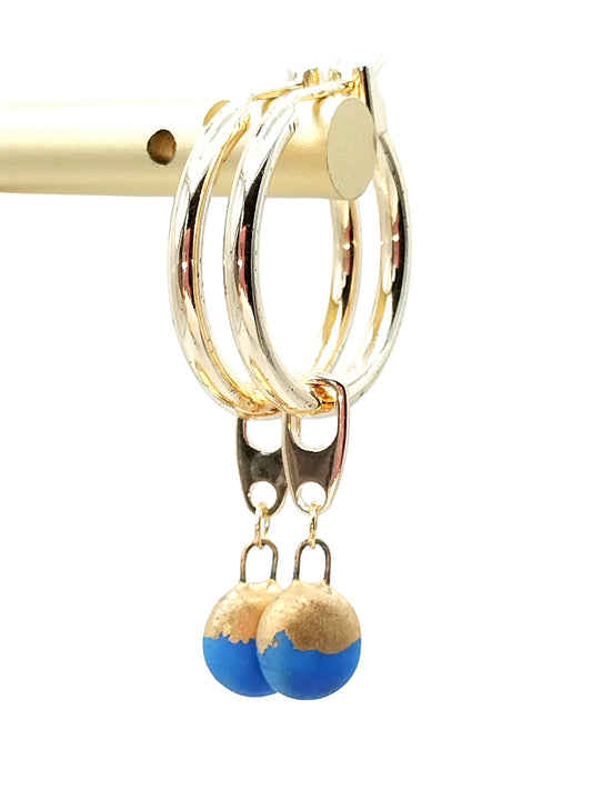 18k Gold Plated Hoops with Removable Blue & Gold French Ceramic Charm