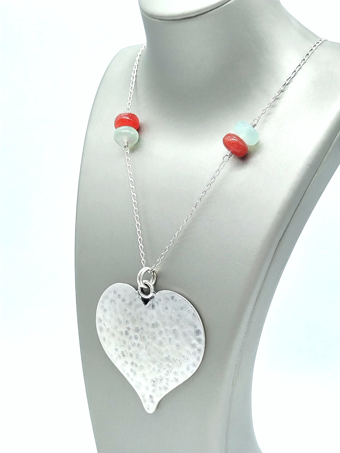 Large sterling silver heart necklace with blue chalcedony gemstone