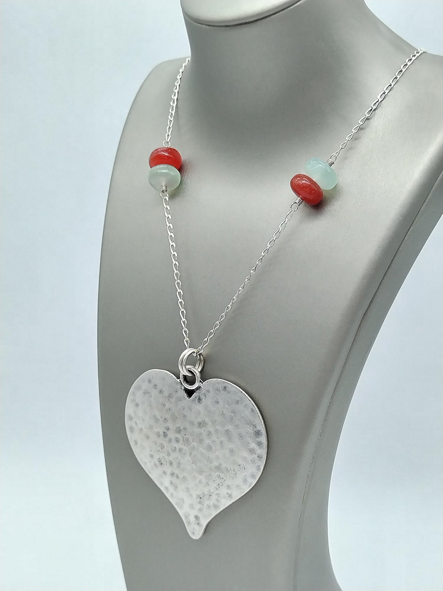 Long Sterling Silver Heart Necklace, Large Silver Heart and Chalcedony Necklace