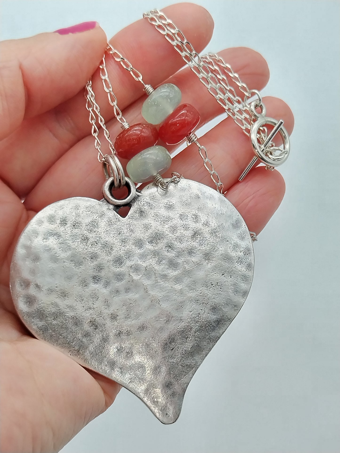 Long Sterling Silver Heart Necklace, Large Silver Heart and Chalcedony Necklace
