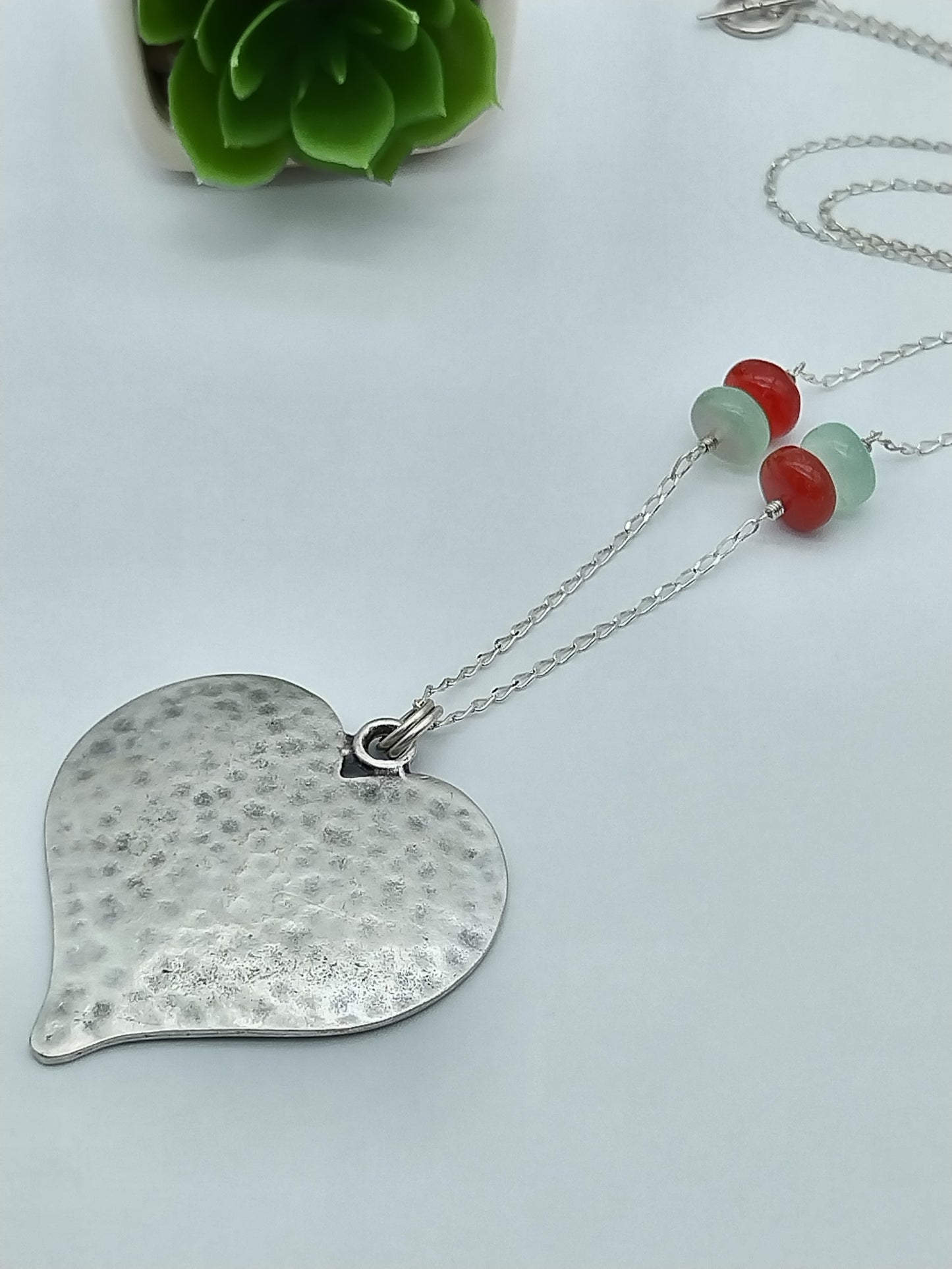 Long Sterling Silver Heart Necklace, Large Silver Heart and Chalcedony Necklace