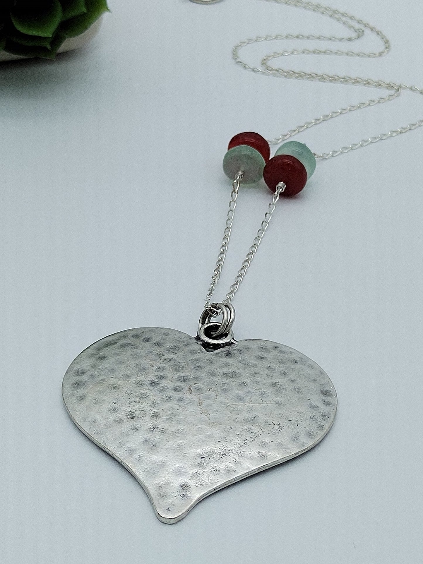 Long Sterling Silver Heart Necklace, Large Silver Heart and Chalcedony Necklace